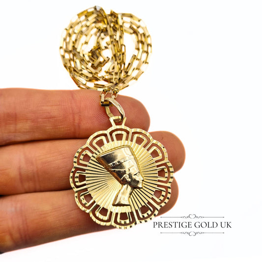 Large 9ct Gold Egyptian Queen Nefertiti Pendant, Paper Chain Necklace