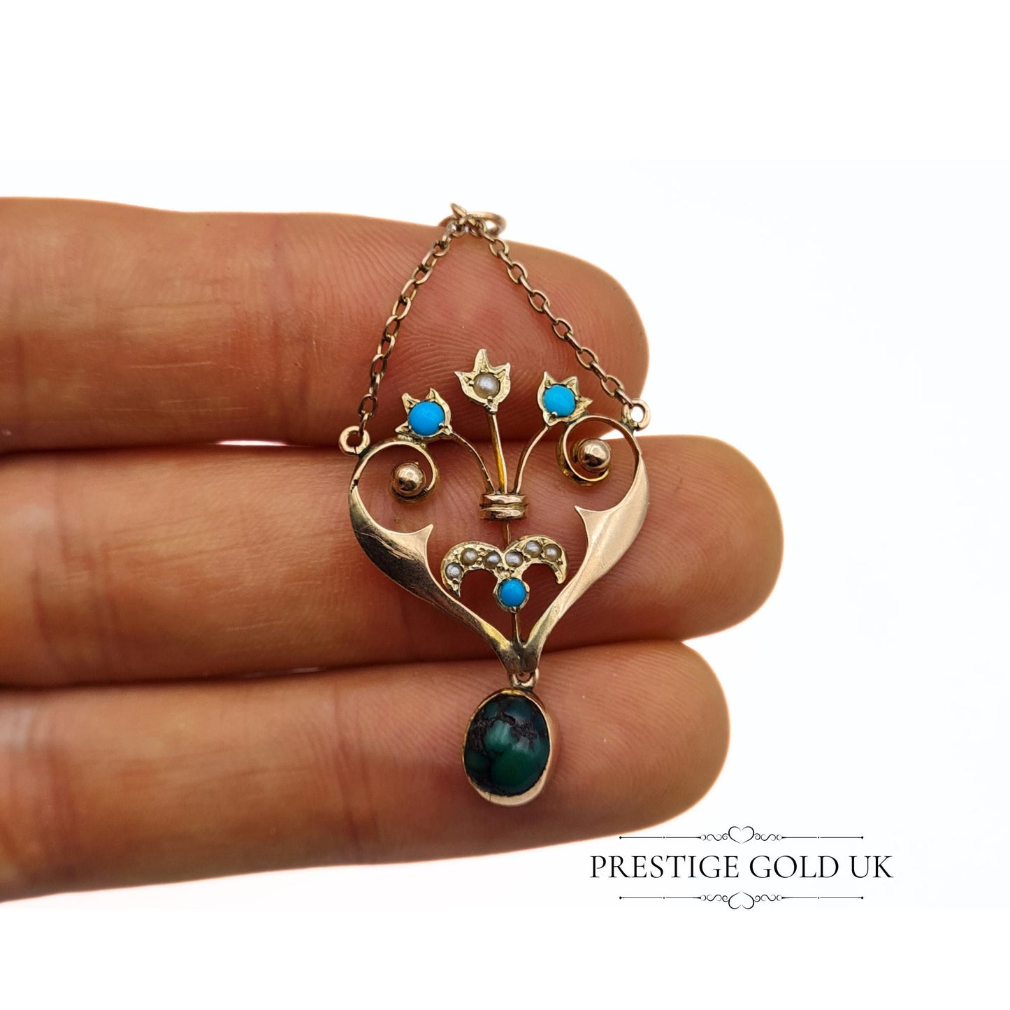 Antique 9ct Edwardian Small Turquoise and Seed Pearl Drop Pendant