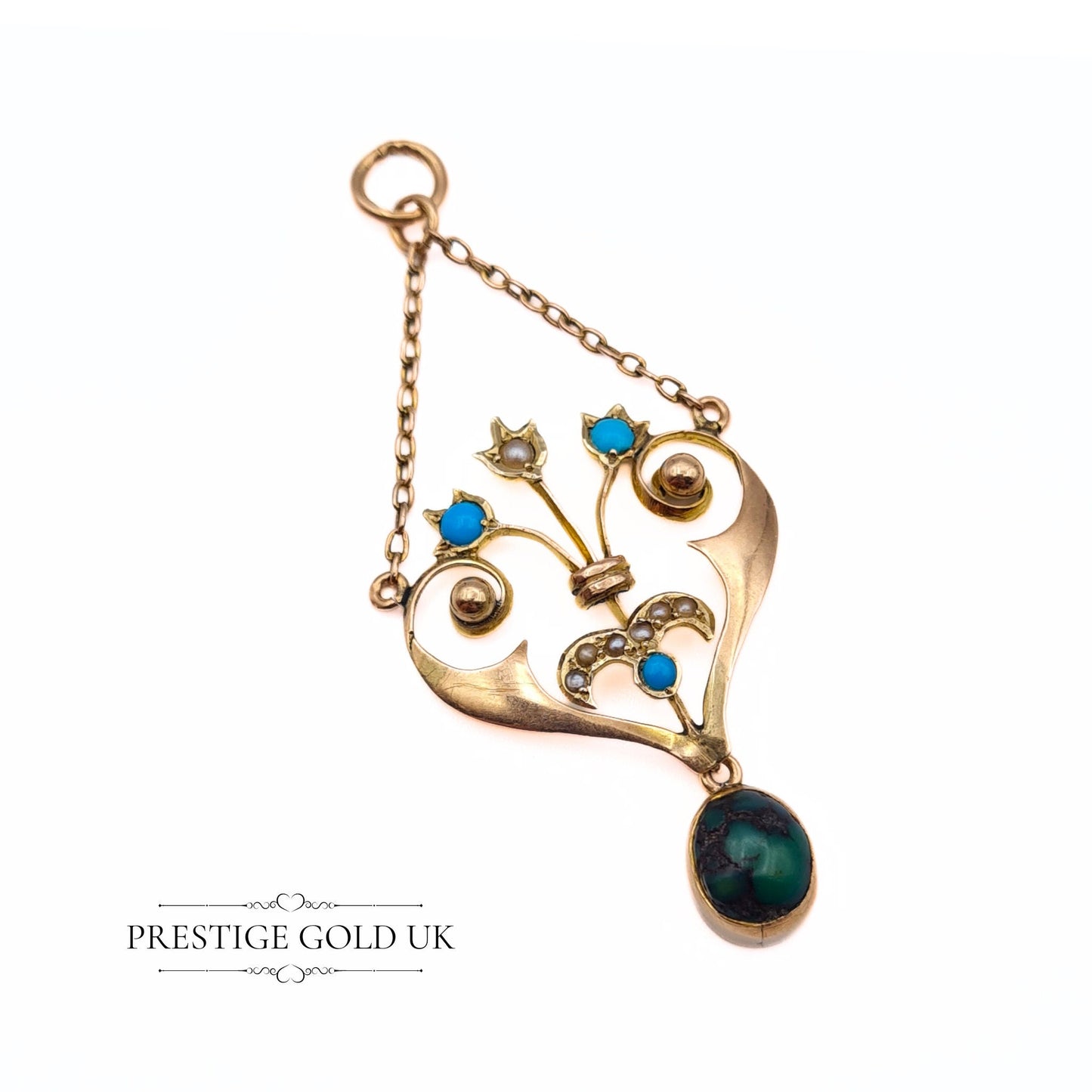 Antique 9ct Edwardian Small Turquoise and Seed Pearl Drop Pendant