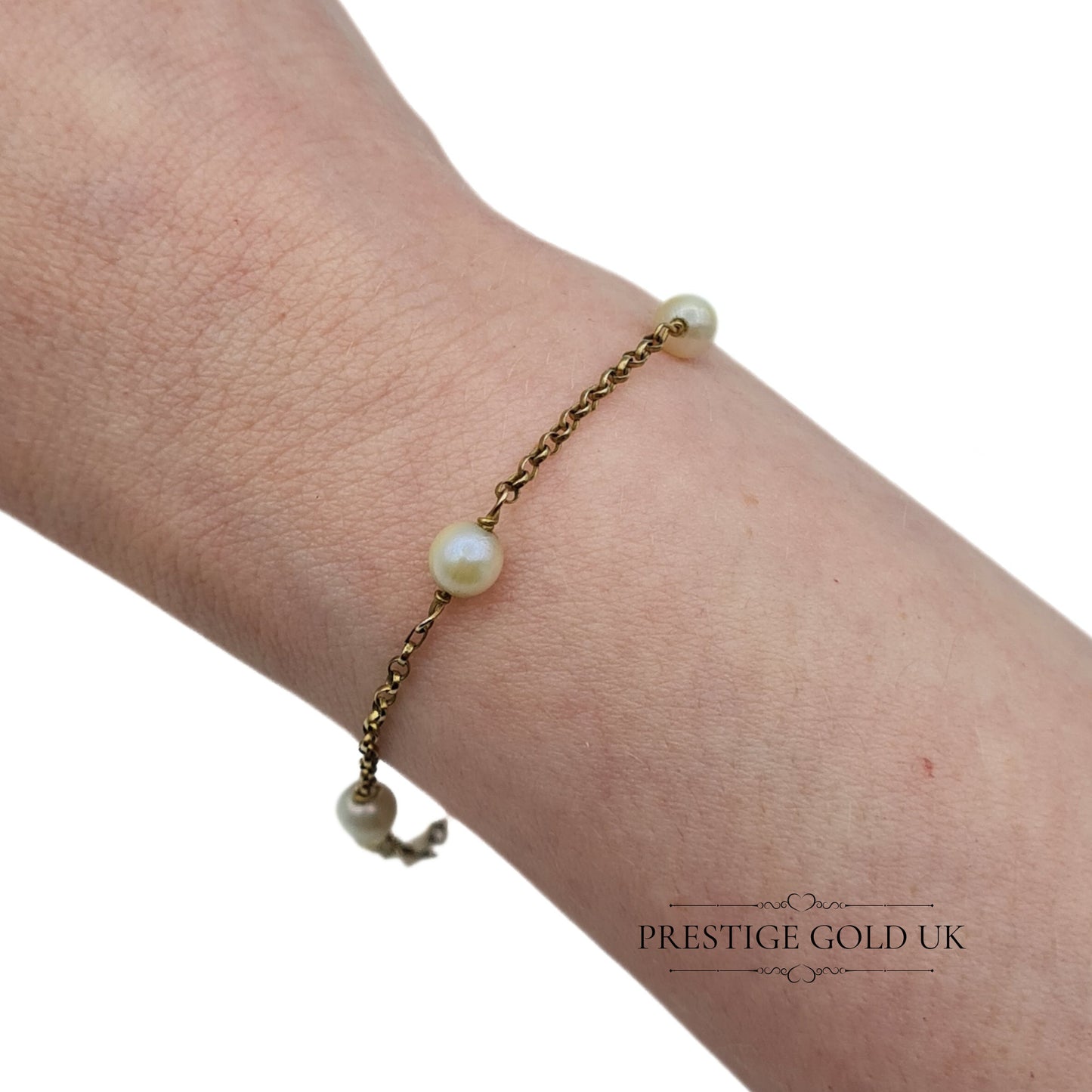 9ct Gold Rolo Chain & Pearl Bracelet - 7.5" Long