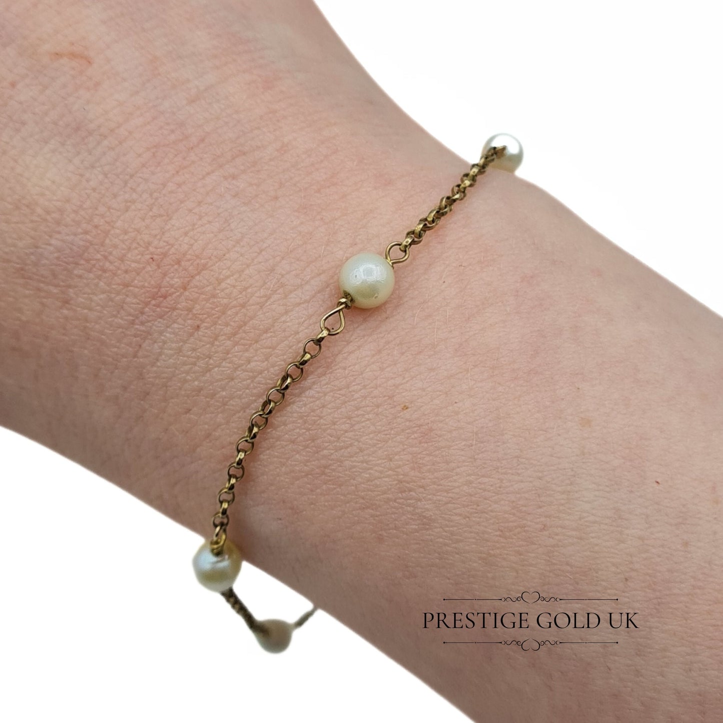 9ct Gold Rolo Chain & Pearl Bracelet - 7.5" Long