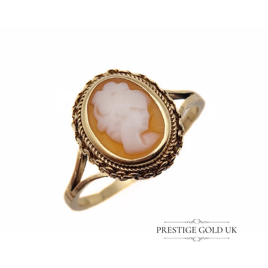 Vintage 9ct Gold Filigree Cameo Ring - Size UK O 1/2, US 7 1/2, Euro 55.5