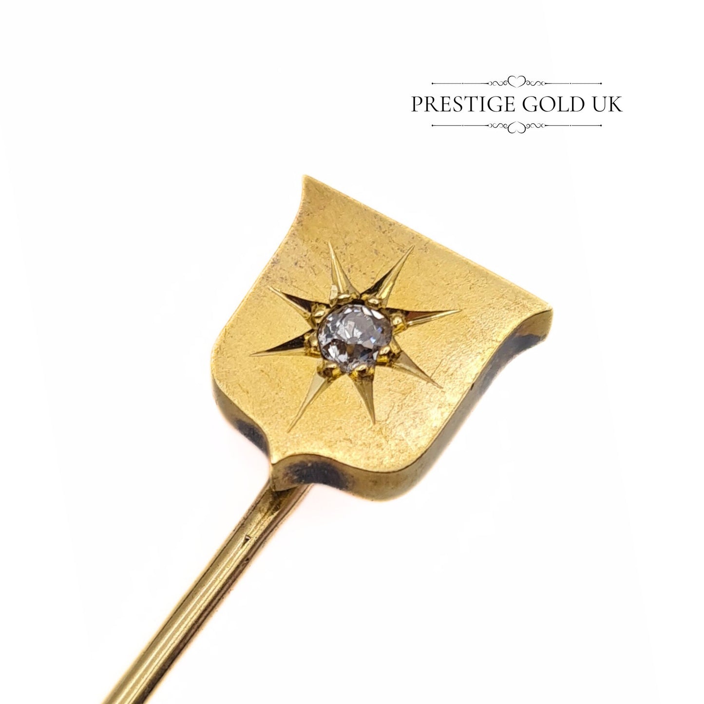 Antique Shield-Shaped 9ct Gold & Diamond Stick Pin / Hat Pin