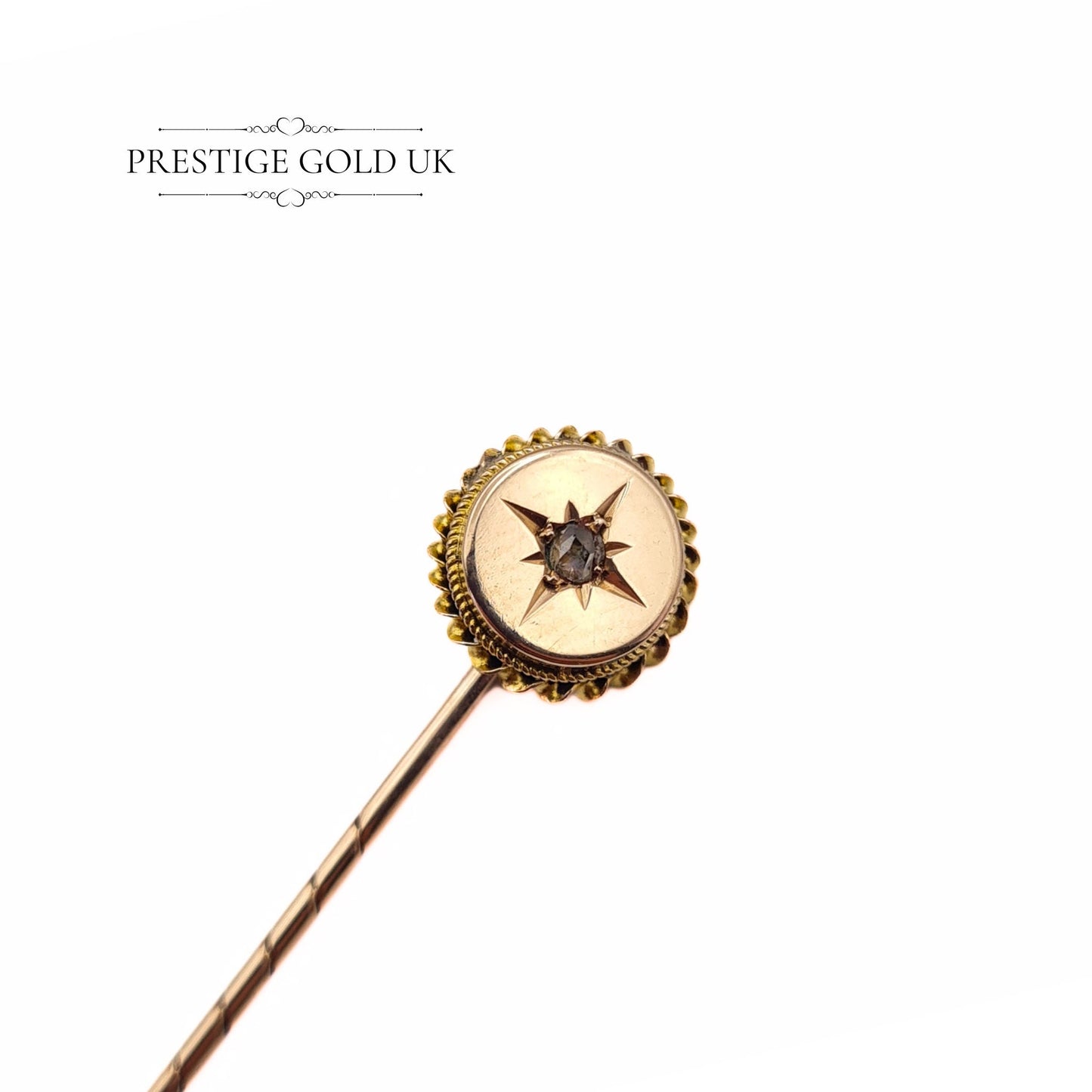 Antique Round 9ct Gold & Diamond Stick Pin / Hat Pin