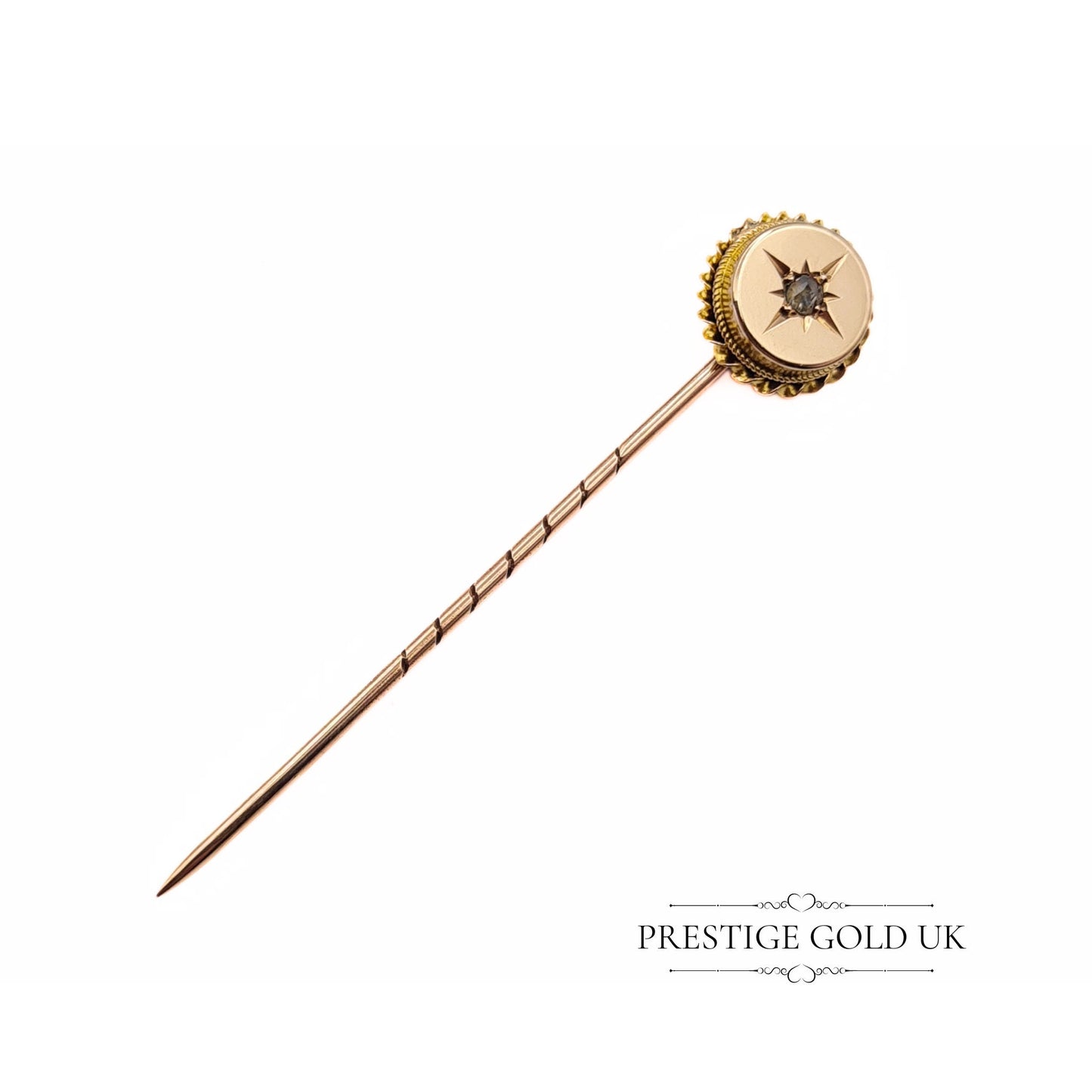 Antique Round 9ct Gold & Diamond Stick Pin / Hat Pin