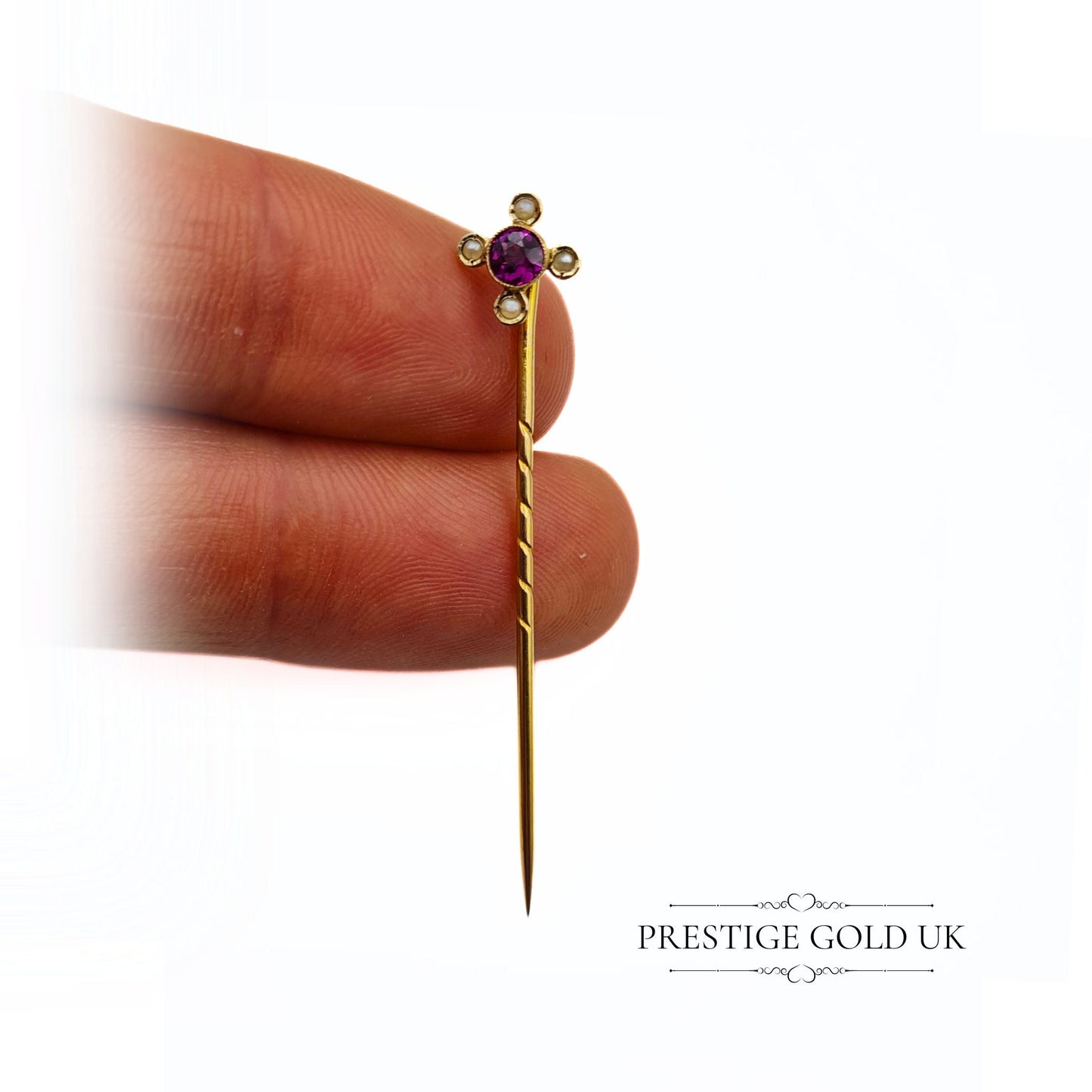 Antique Amethyst & Seed Pearl Stick Pin in 9ct Gold