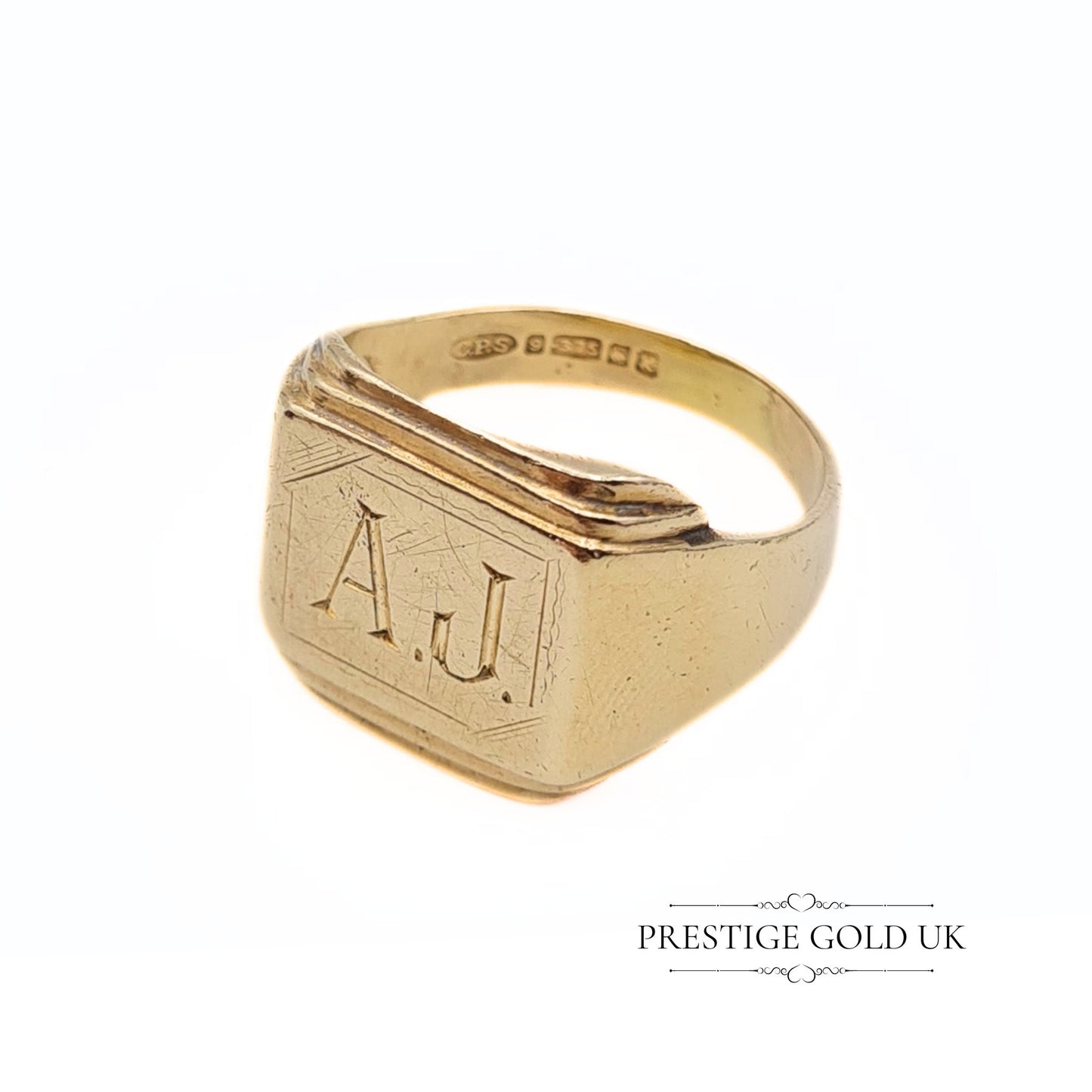 Vintage Large Gold Signet Ring 9ct Engraved "AJ " - Size UK U, US 10, Euro 62