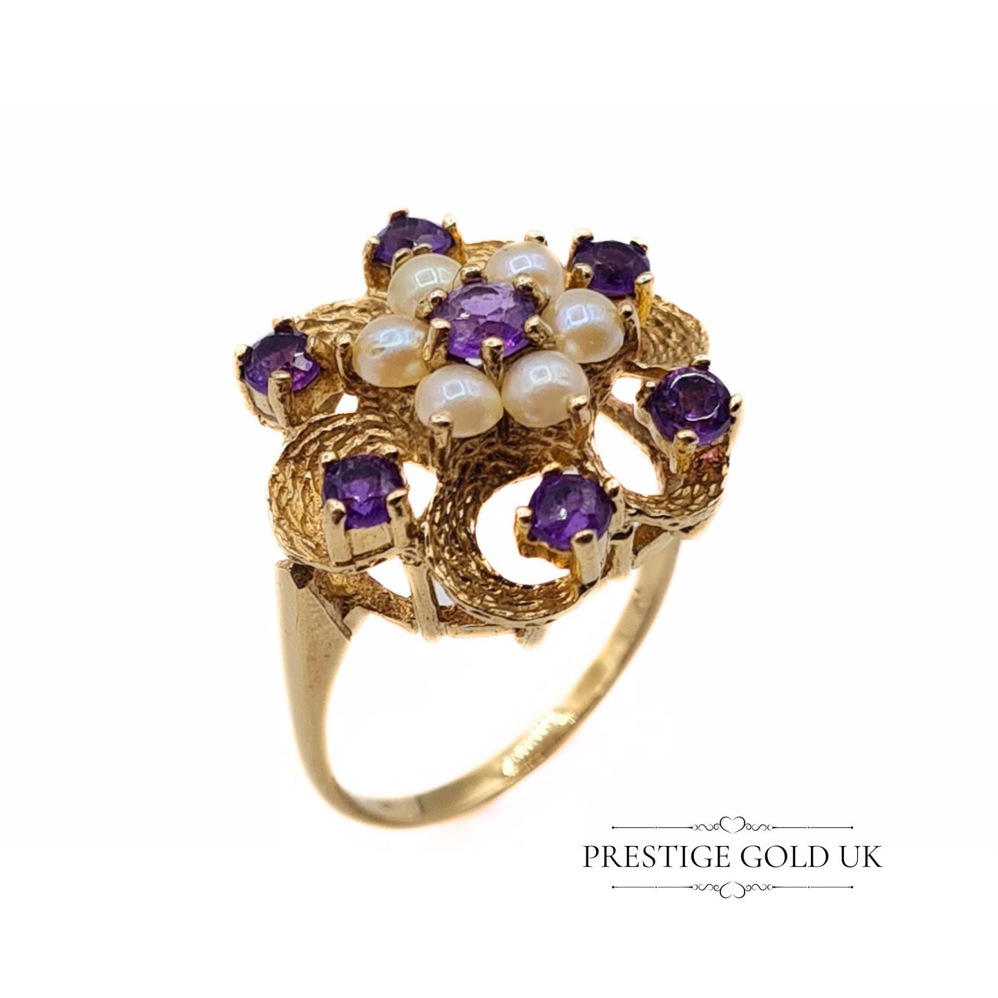 Vintage Pearl and Amethyst Gold Cluster Ring 9ct - Size UK P, US 7 3/4, Euro 56