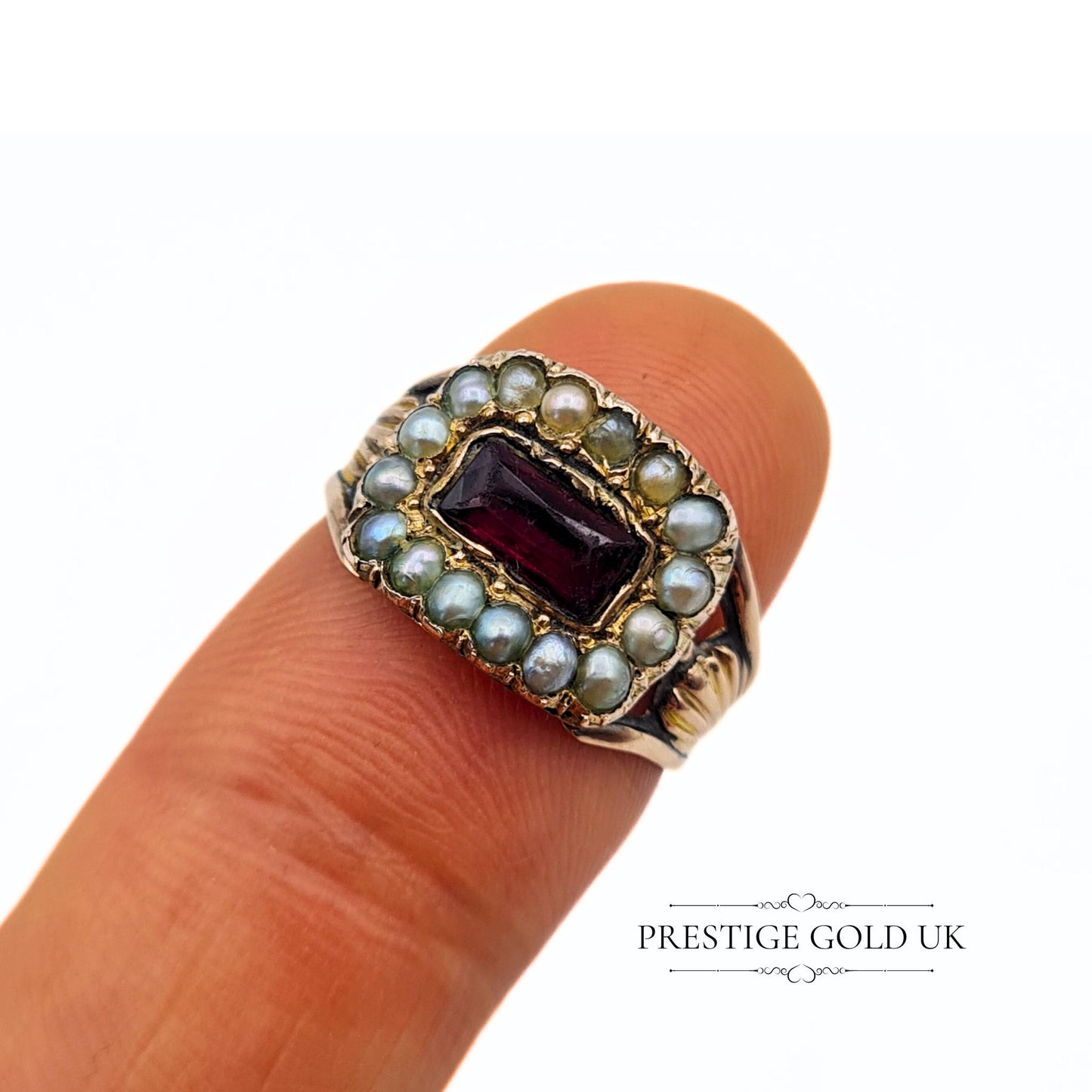 Victorian Pearl and Garnet Gold Cluster Ring in 9ct - Size UK J 1/2, US 6, Euro 53