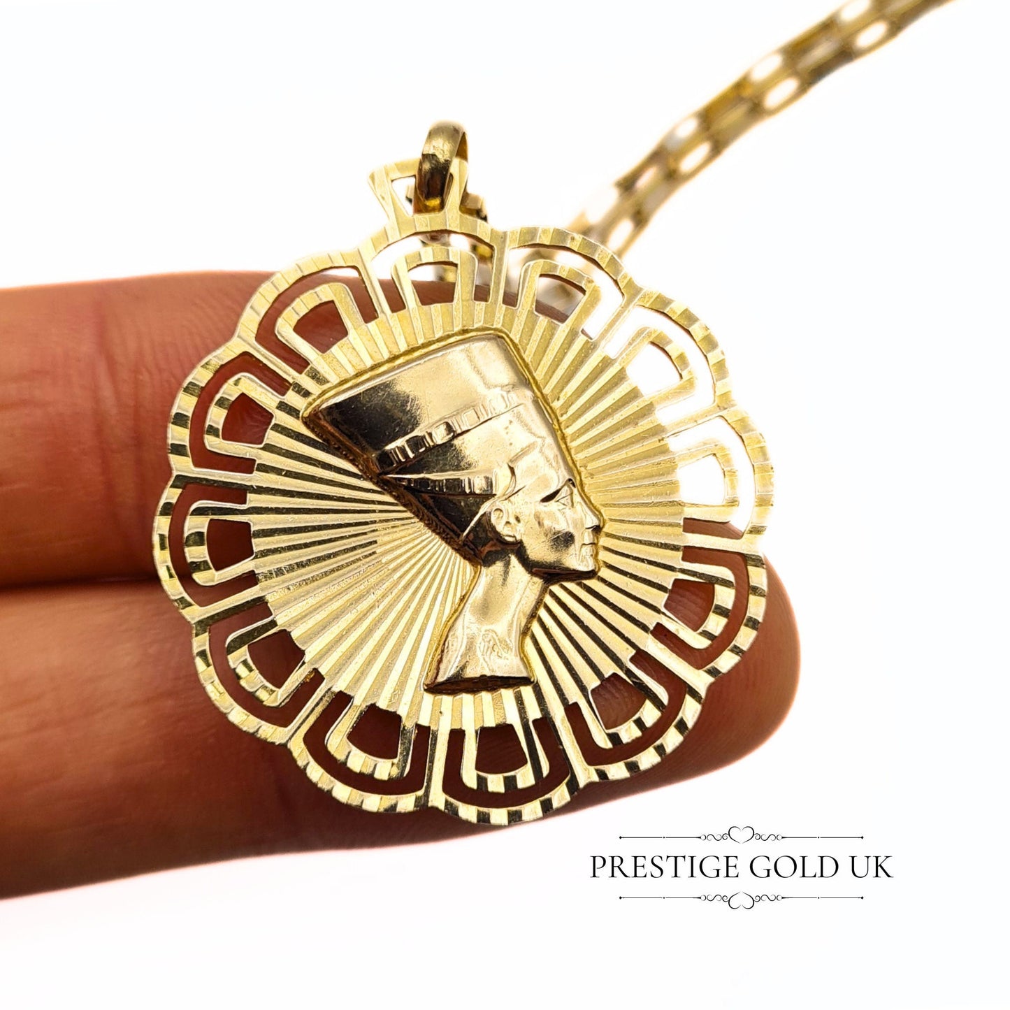 Gold Egyptian Queen Nefertiti Pendant on 30" Paper Chain Necklace