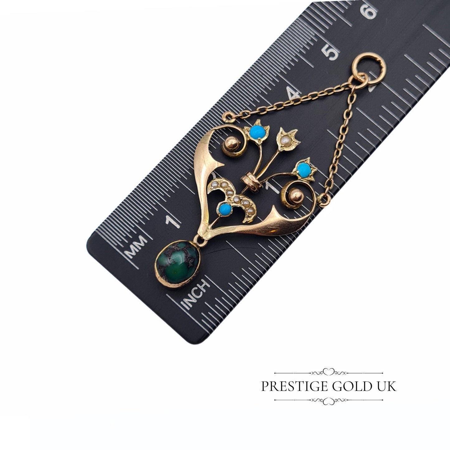 Antique 9ct Edwardian Small Turquoise and Seed Pearl Drop Pendant