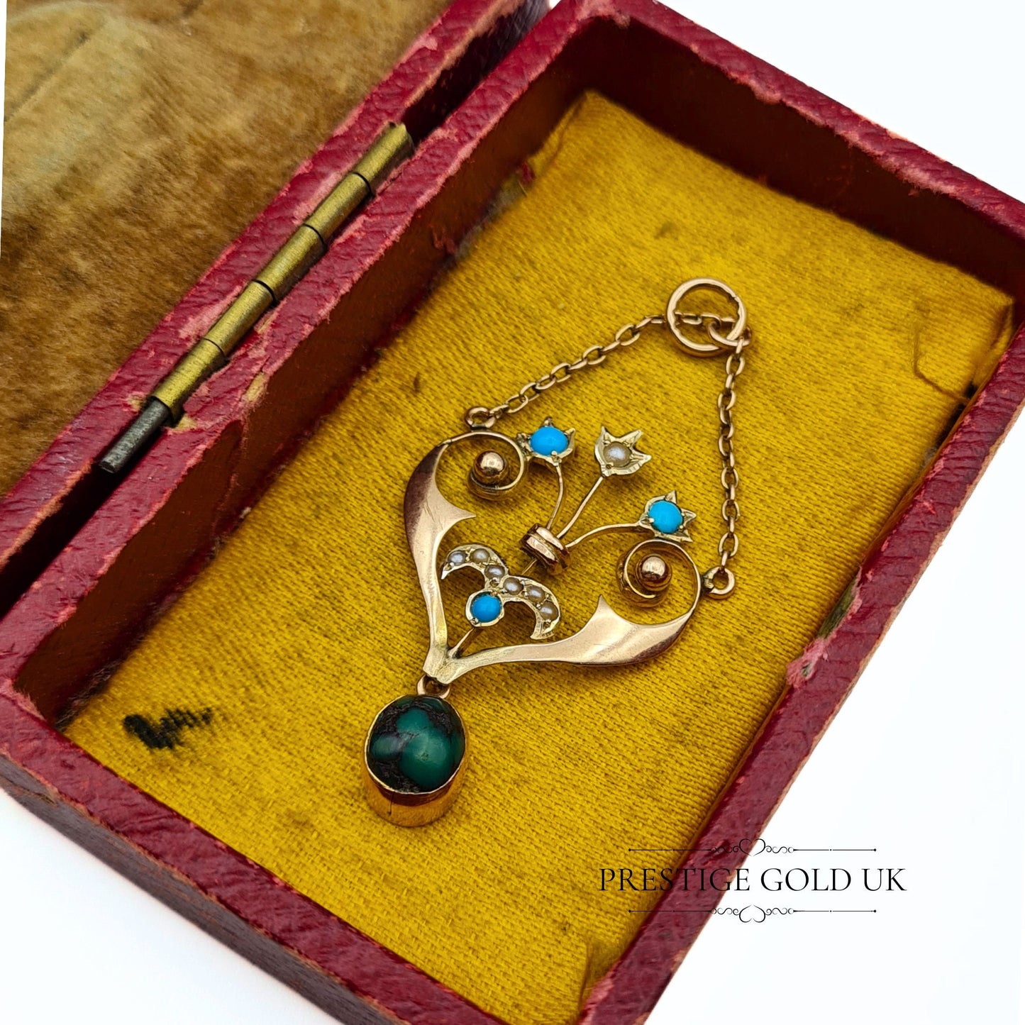 Antique 9ct Edwardian Small Turquoise and Seed Pearl Drop Pendant