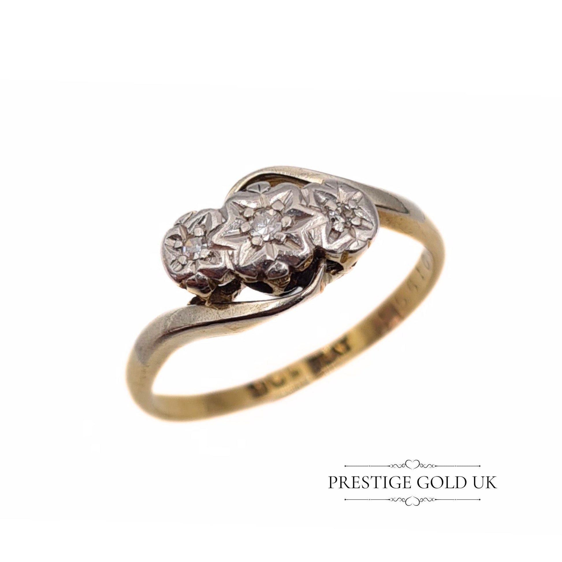 Vintage 9ct Gold Platinum Diamond Crossover Ring Size UK L 1/2