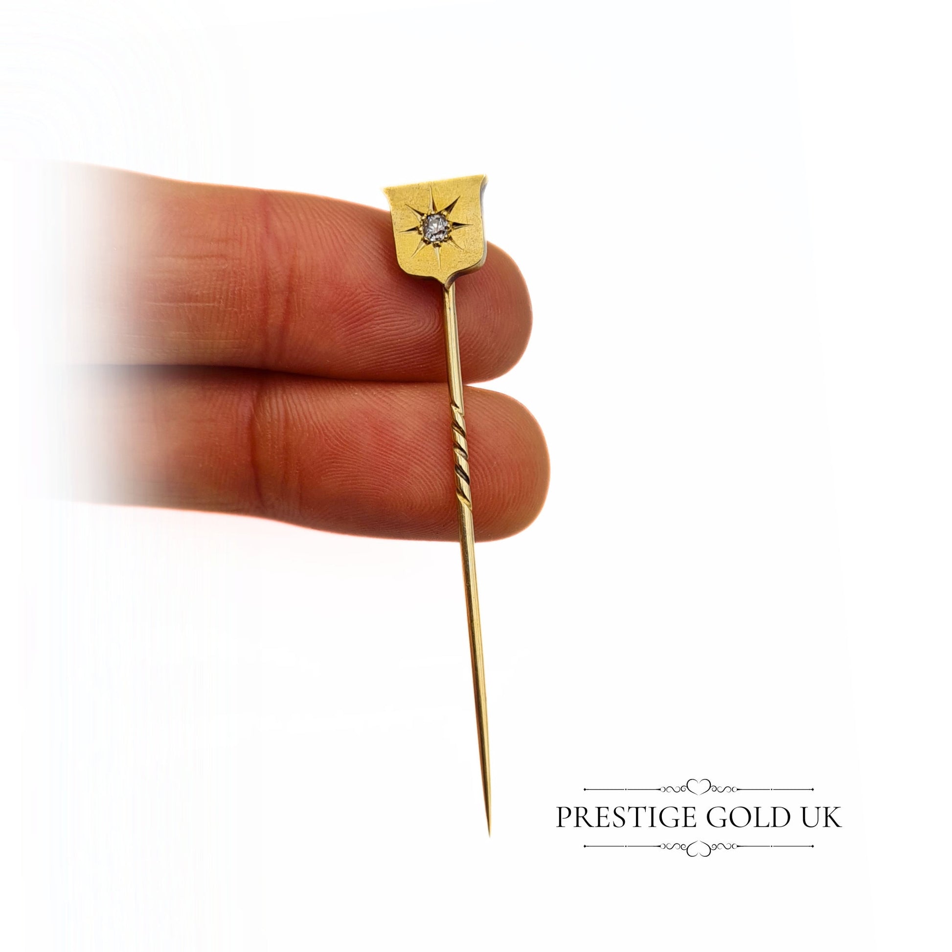 Antique Shield-Shaped 9ct Gold & Diamond Stick Pin / Hat Pin