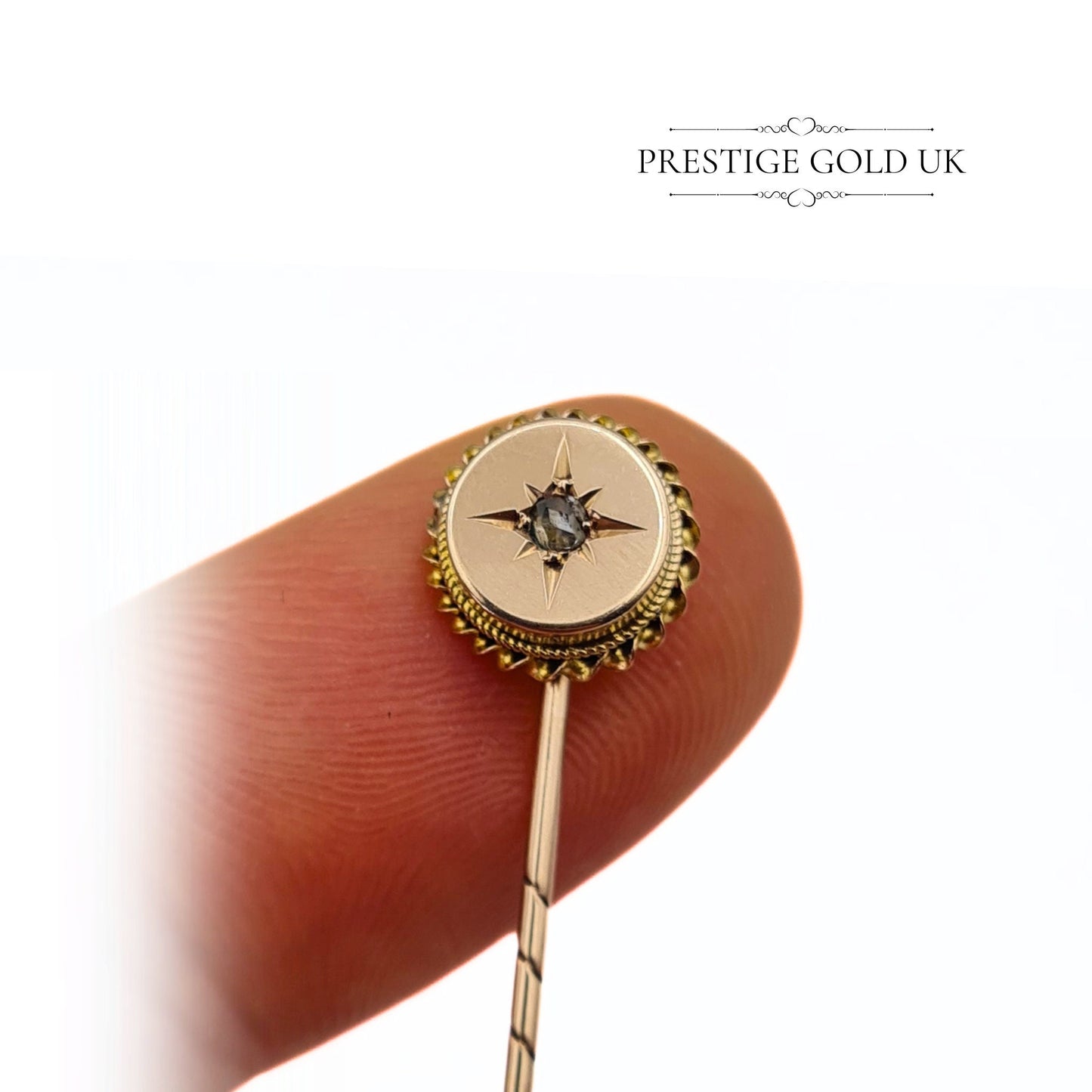 Antique Round 9ct Gold & Diamond Stick Pin / Hat Pin