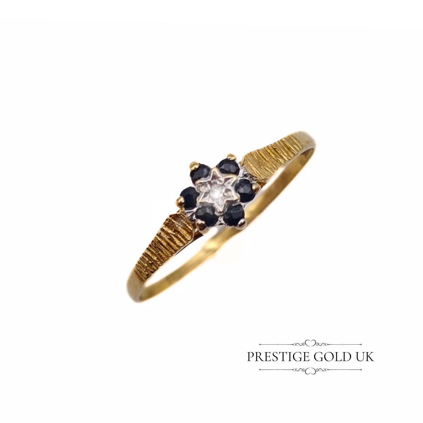 Dainty Sapphire & Diamond Cluster Ring in 9ct Gold - Size UK O, US 7 1/4, Euro 55