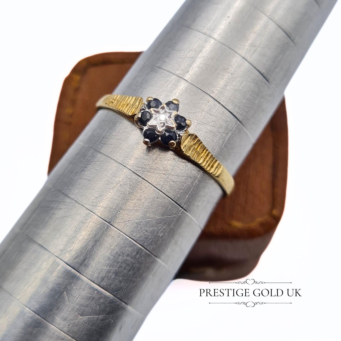 Dainty Sapphire & Diamond Cluster Ring in 9ct Gold - Size UK O, US 7 1/4, Euro 55