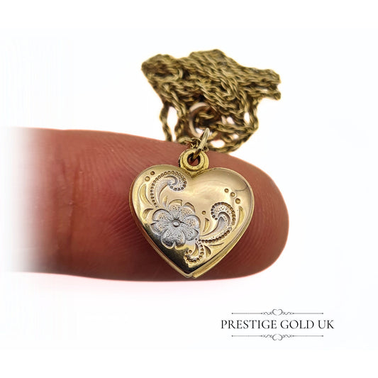 Vintage Gold Heart Locket & Chain in 9ct Gold - 16"