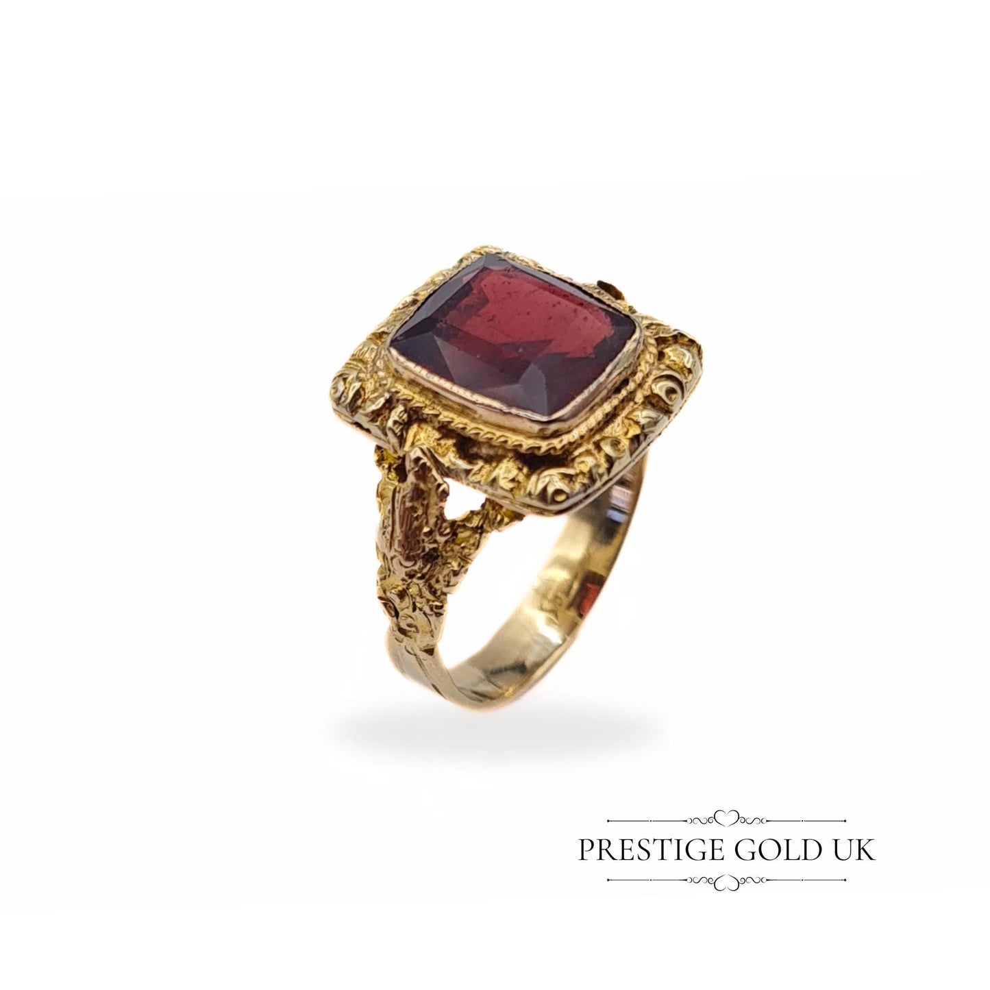 Ornate Antique Square Cut Garnet Ring in 9ct Gold - Size UK K 1/2, US 5 1/4, Euro 51