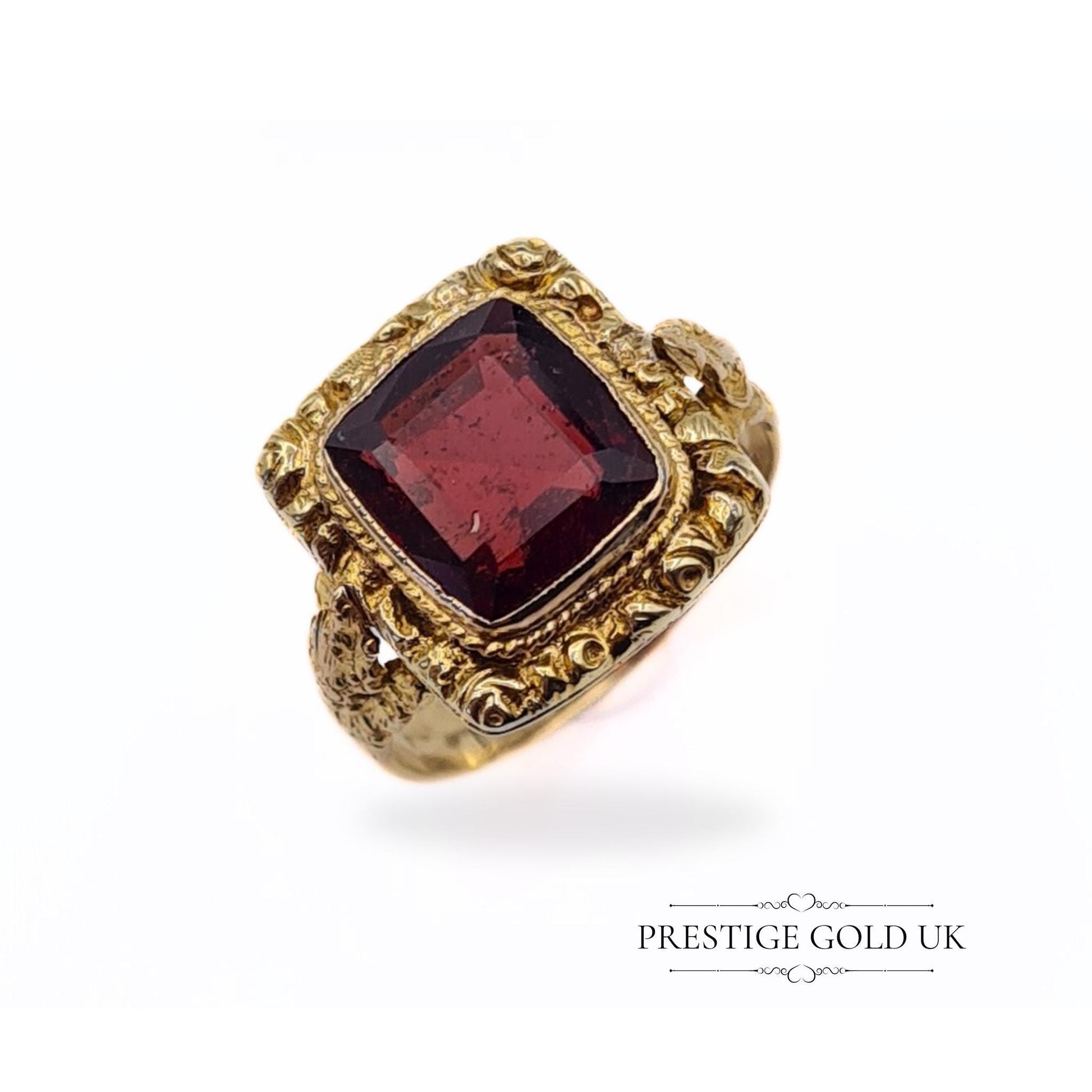 Ornate Antique Square Cut Garnet Ring in 9ct Gold - Size UK K 1/2, US 5 1/4, Euro 51