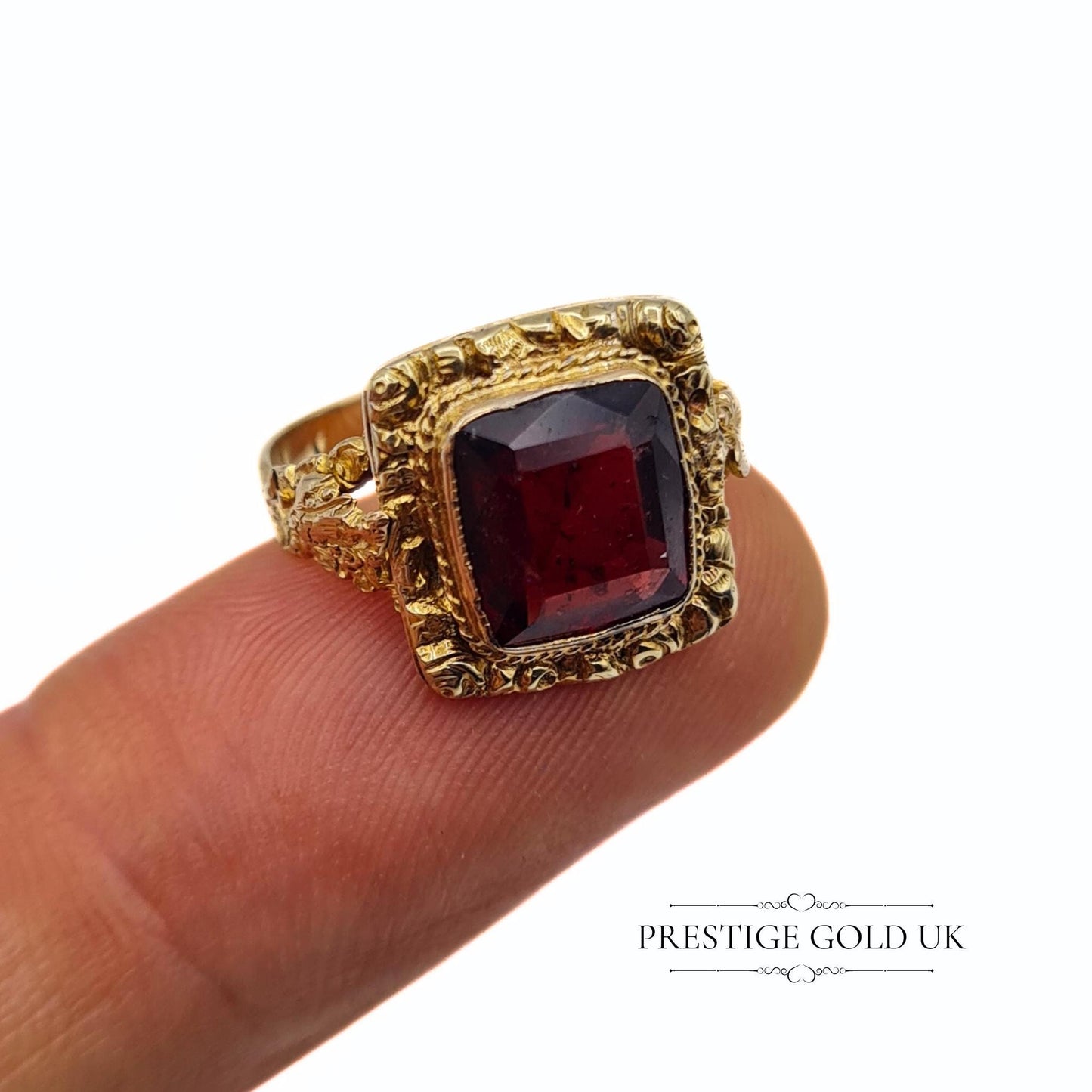 Ornate Antique Square Cut Garnet Ring in 9ct Gold - Size UK K 1/2, US 5 1/4, Euro 51