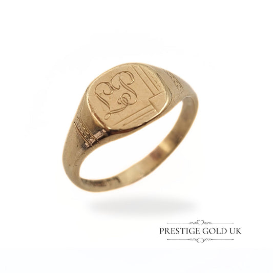 Vintage 9ct Gold Signet Ring Engraved 'LP' - Size UK O, US 7 1/4, Euro 55