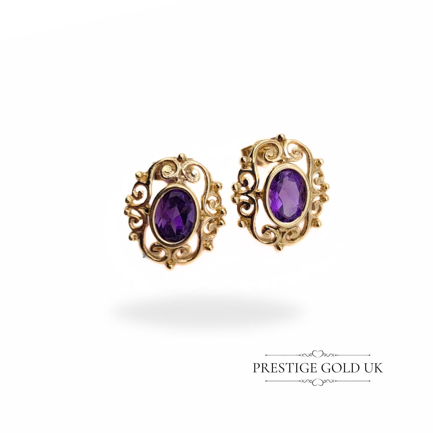 Vintage Ornate 9ct Gold & Amethyst Stud Earrings