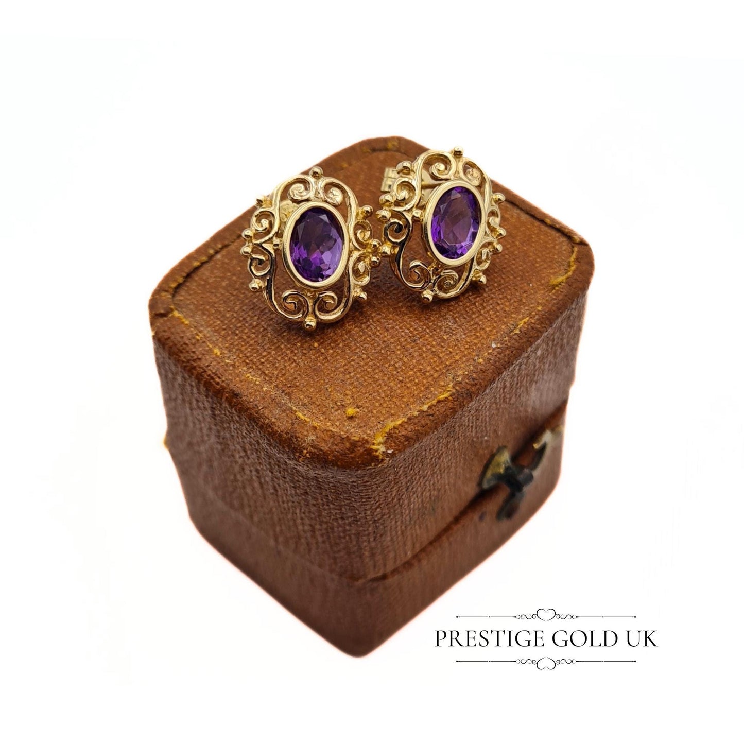 Vintage Ornate 9ct Gold & Amethyst Stud Earrings