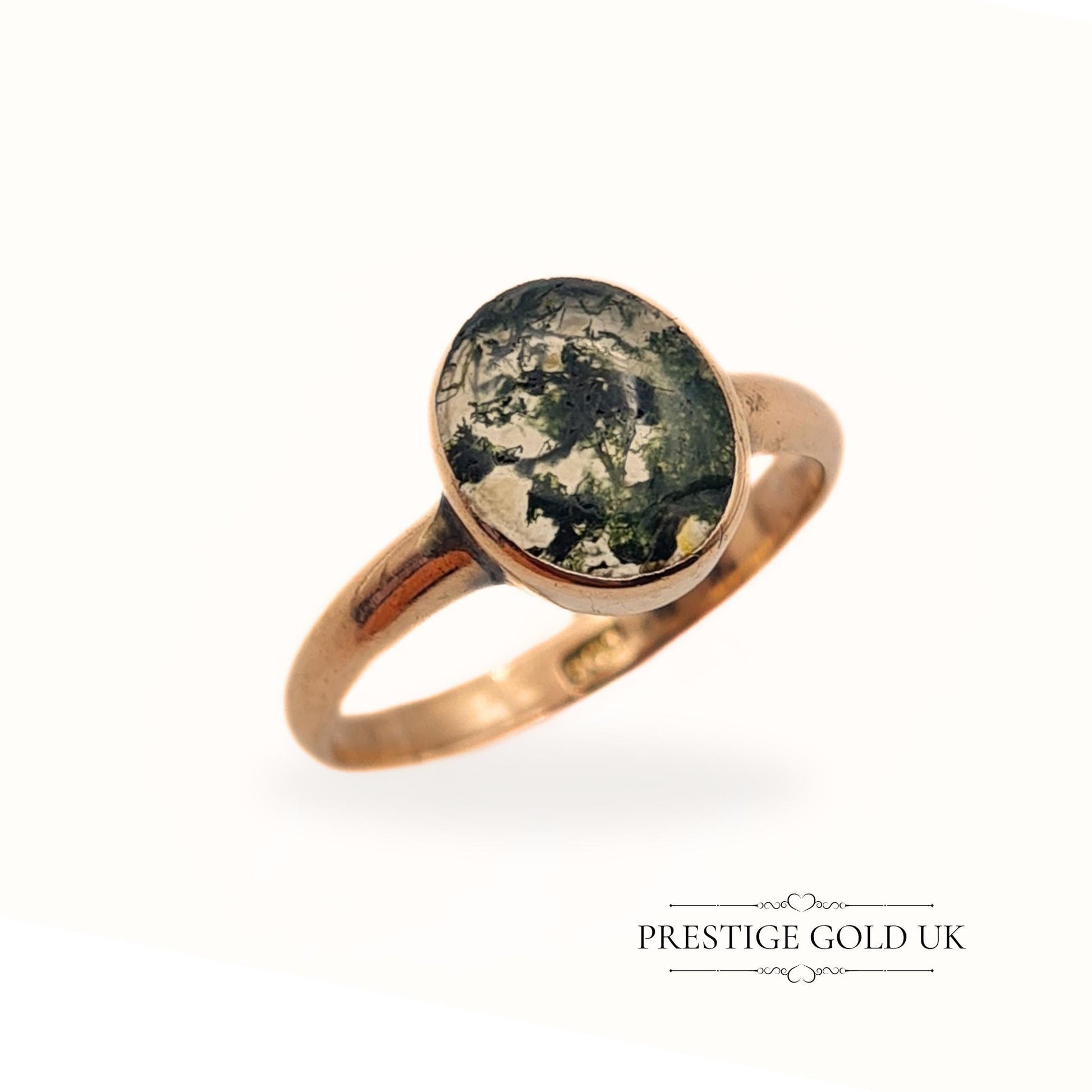 Antique 9ct Rose Gold Moss Agate Ring - Size UK R 1/2, US 8 3/4, Euro 59