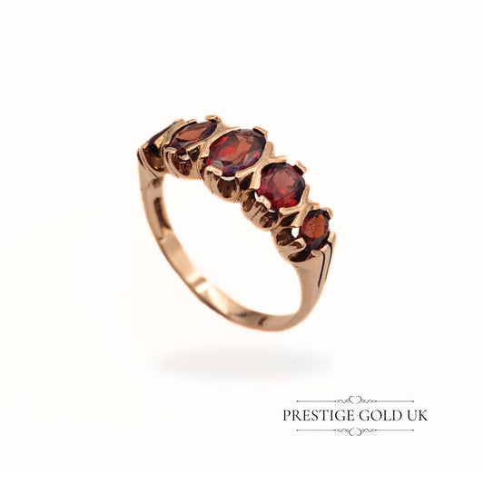 Vintage 5 Stone Rose Gold Garnet Ring 9ct - Size UK N 1/2, US 7, Euro 54.5