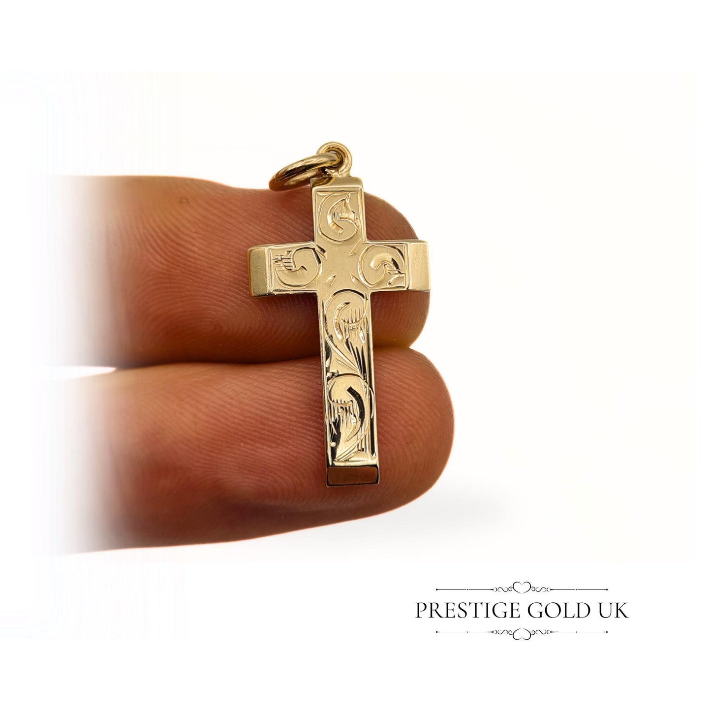 Vintage Engraved Solid 9ct Gold Cross Pendant