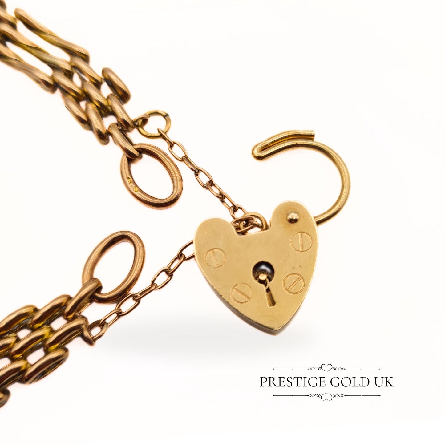 6 1|2" Long Amazing Gold Gate Bracelet - 1970's Wide 3 Bar Gate Bracelet - Locking Heart Padlock and Safety Chain - 11 Grams of 9ct Gold