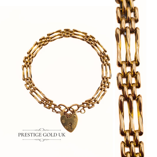 6 1|2" Long Amazing Gold Gate Bracelet - 1970's Wide 3 Bar Gate Bracelet - Locking Heart Padlock and Safety Chain - 11 Grams of 9ct Gold