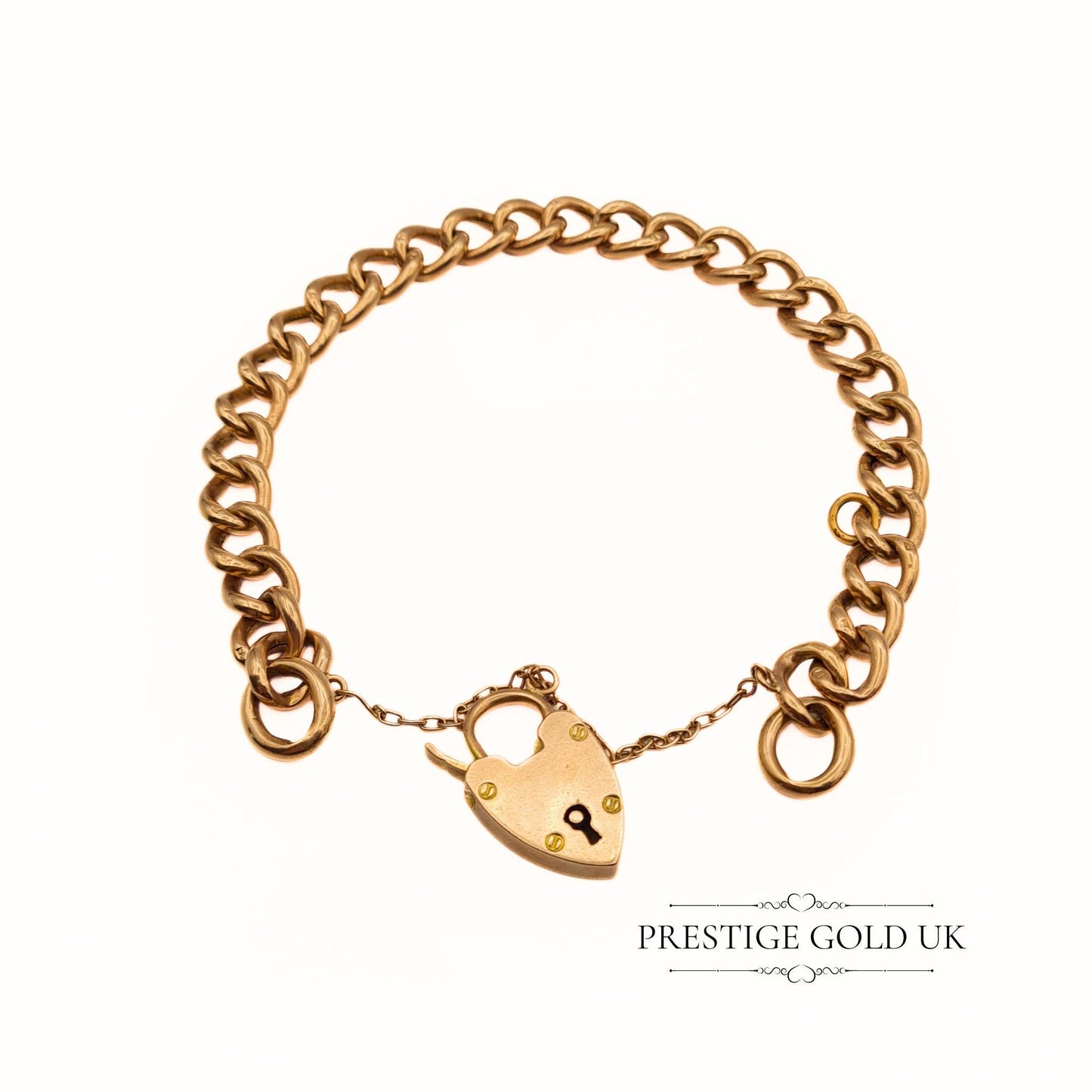 7" Rose Gold Lightweight Curb Chain Bracelet with Heart Padlock