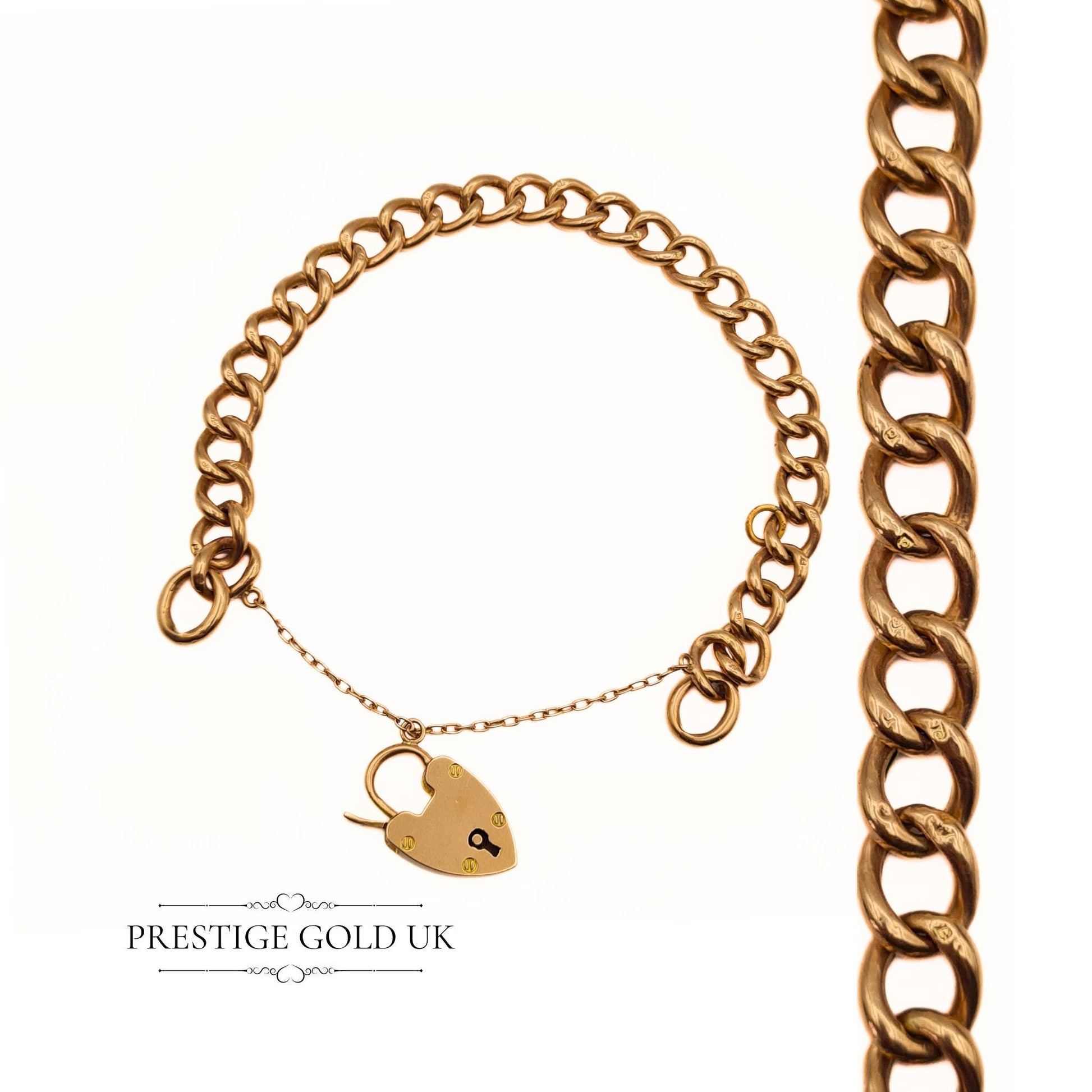 7" Rose Gold Lightweight Curb Chain Bracelet with Heart Padlock