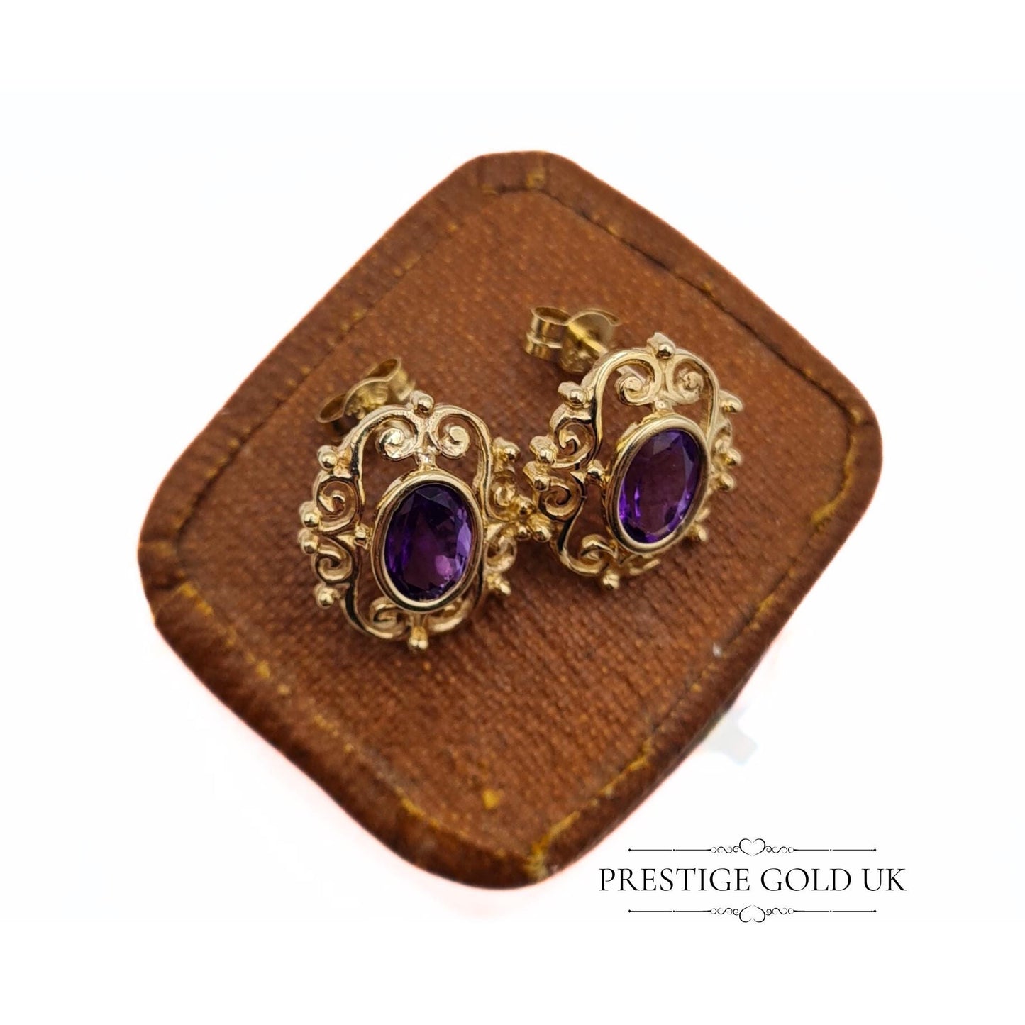 Vintage Ornate 9ct Gold & Amethyst Stud Earrings