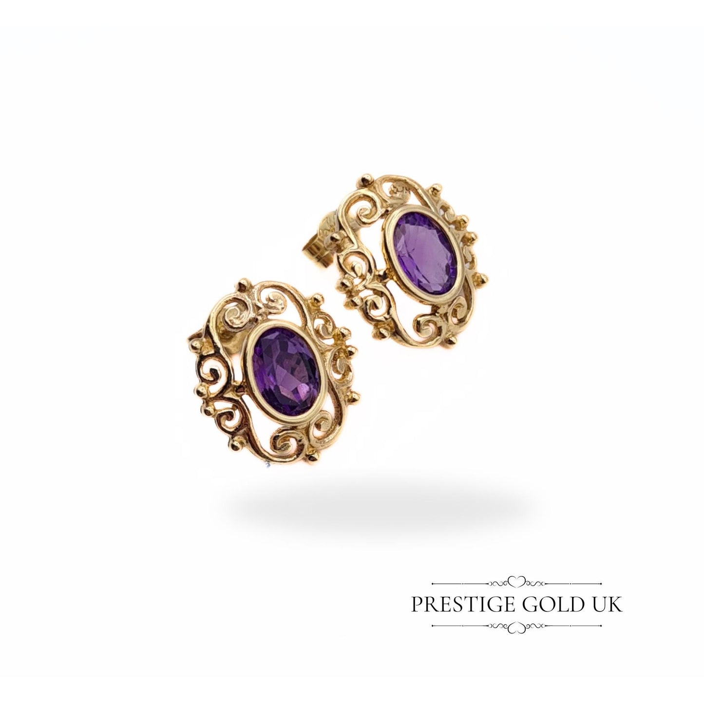 Vintage Ornate 9ct Gold & Amethyst Stud Earrings