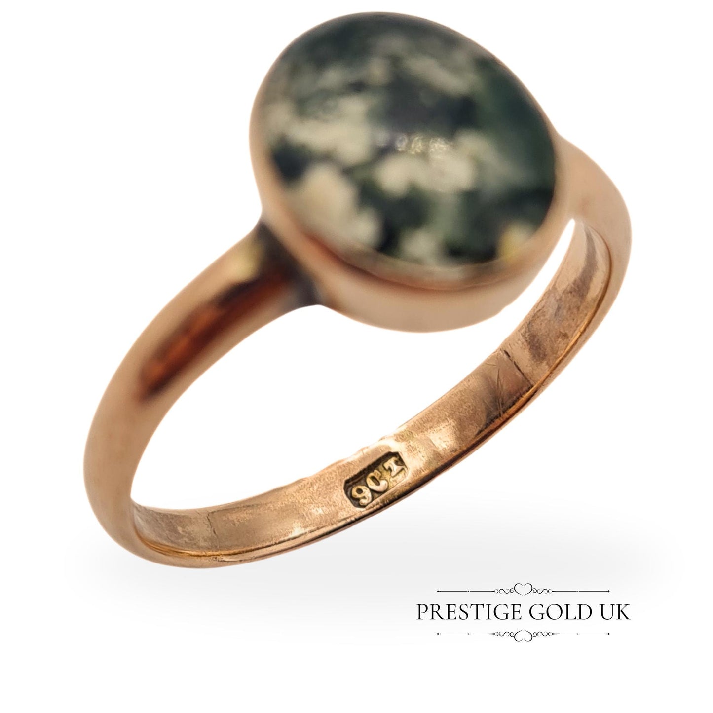 Antique 9ct Rose Gold Moss Agate Ring - Size UK R 1/2, US 8 3/4, Euro 59