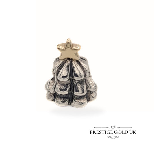 Authentic Retired Pandora Silver Christmas Tree Charm 14K Gold Crown - PT21250