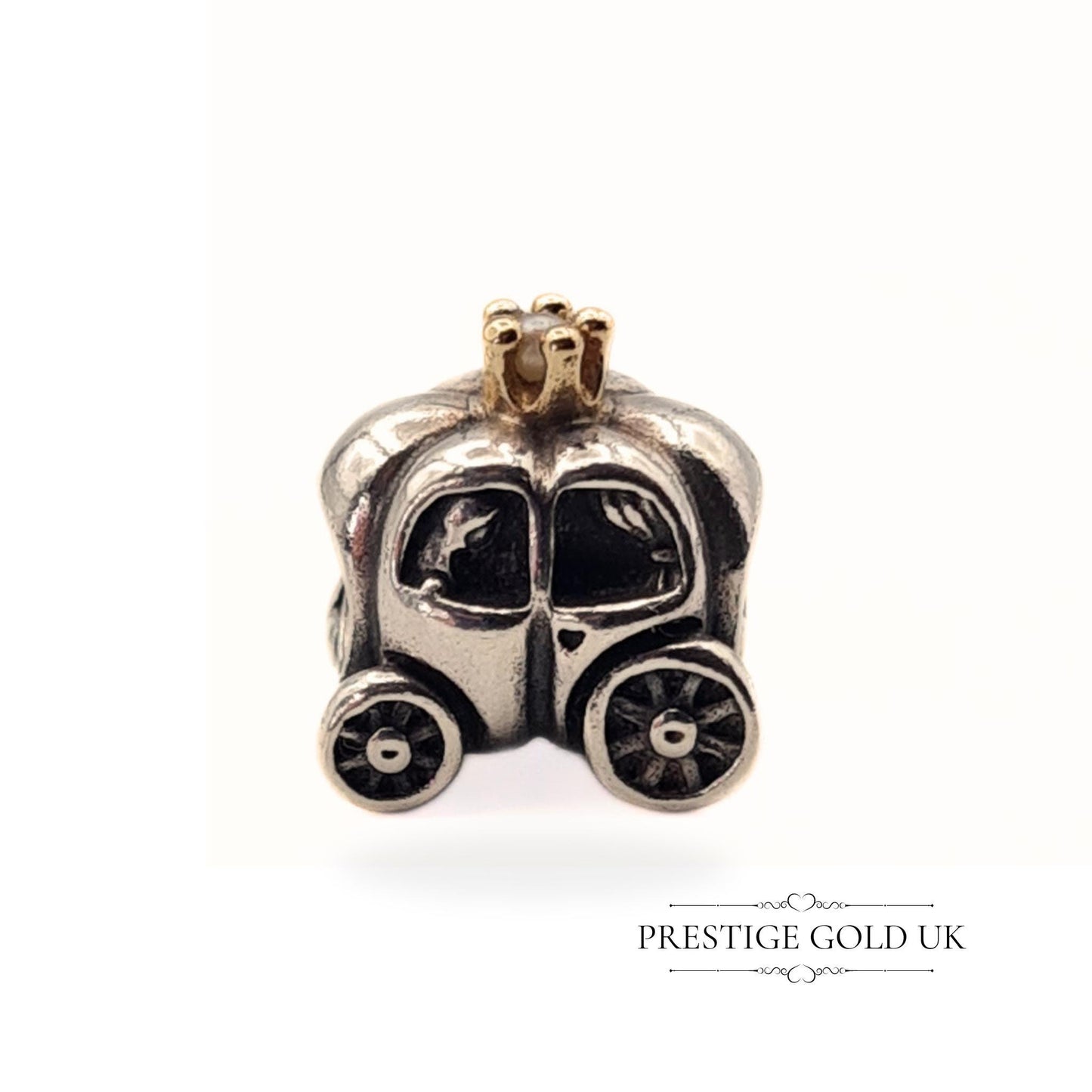 Authentic Retired Pandora Royal Carriage Sterling Silver Charm With 14K Gold & White Pearl - 790598P