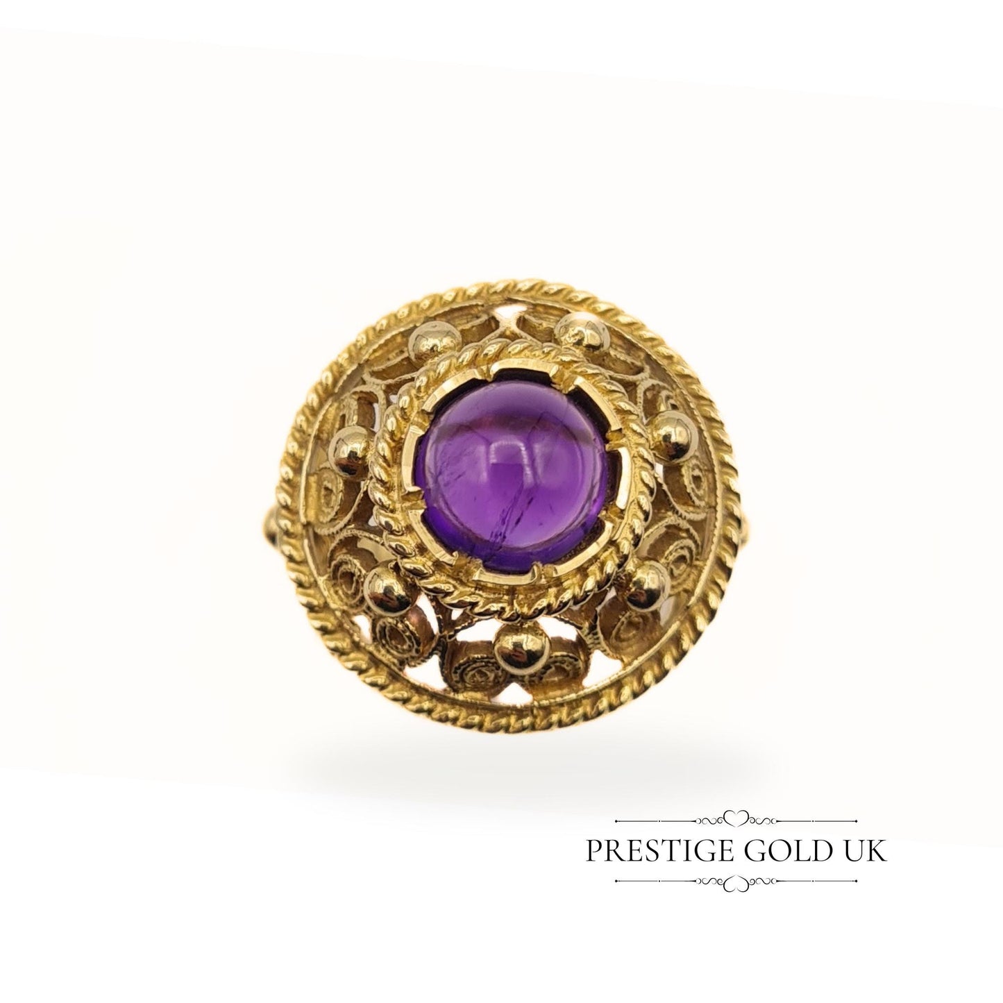 Large Ornate 14ct Gold & Amethyst Ring - Size UK L 1/2, US 6, Euro 51.5