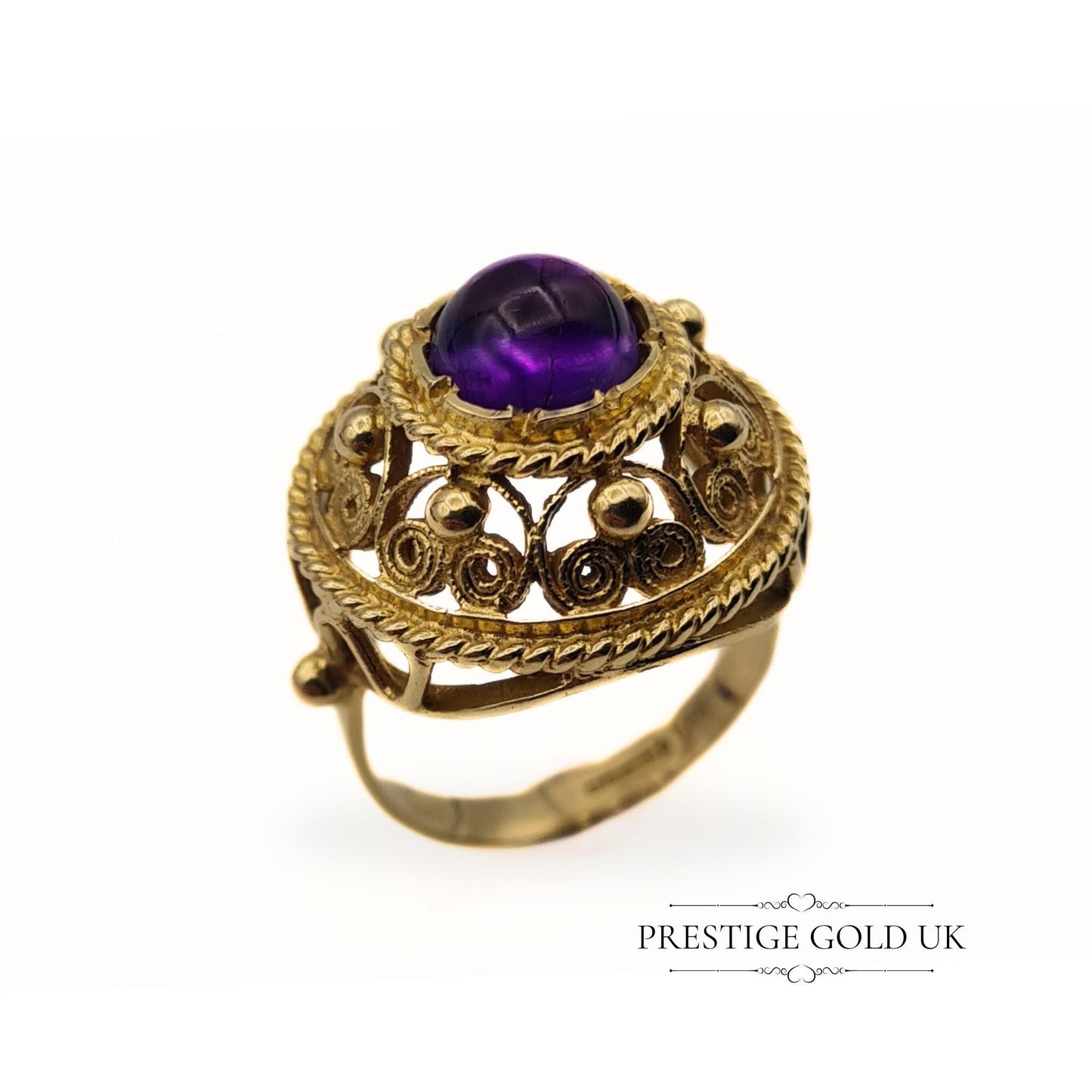 Large Ornate 14ct Gold & Amethyst Ring - Size UK L 1/2, US 6, Euro 51.5