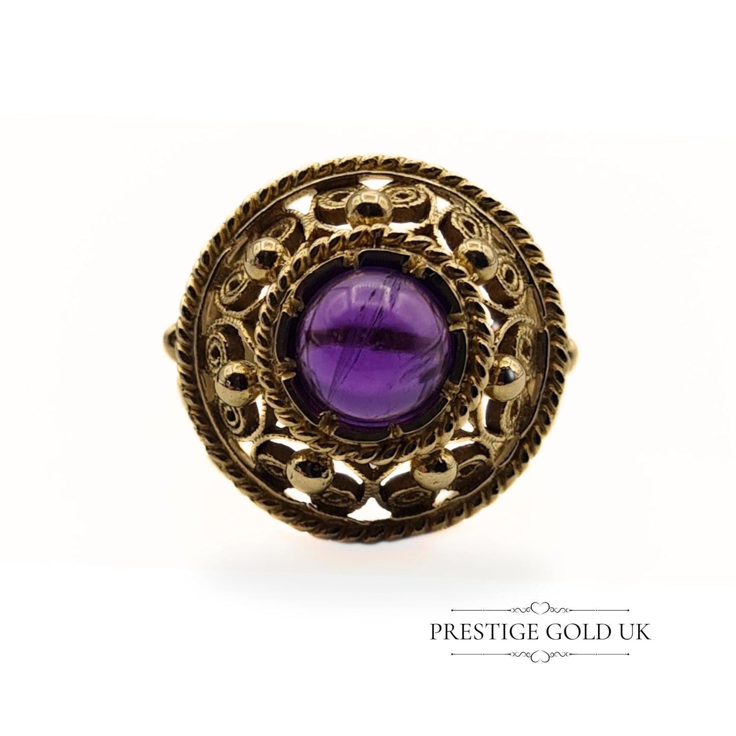 Large Ornate 14ct Gold & Amethyst Ring - Size UK L 1/2, US 6, Euro 51.5