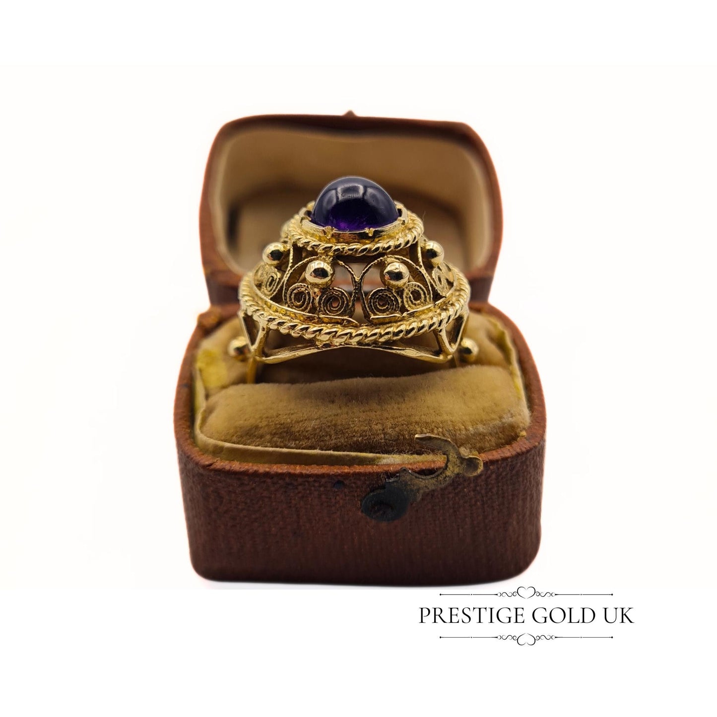 Large Ornate 14ct Gold & Amethyst Ring - Size UK L 1/2, US 6, Euro 51.5