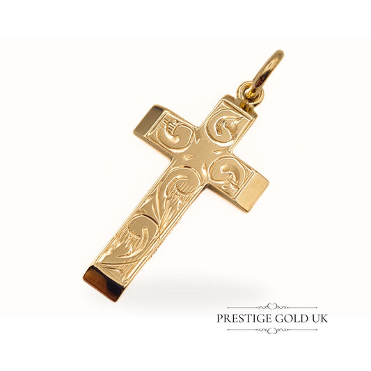 Vintage Engraved Solid 9ct Gold Cross Pendant