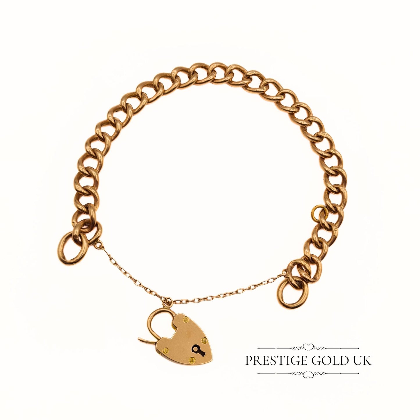 7" Rose Gold Lightweight Curb Chain Bracelet with Heart Padlock