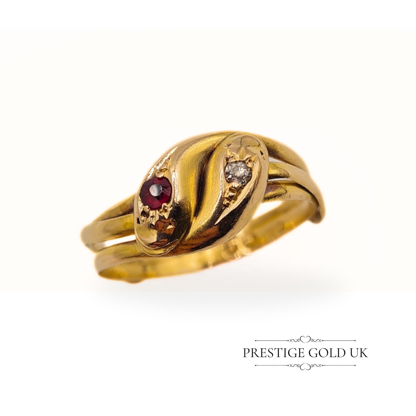 Antique Ruby & Diamond Double Snake Ring in 18ct Gold - Size UK S 1/2, US 9 1/4, Euro 61