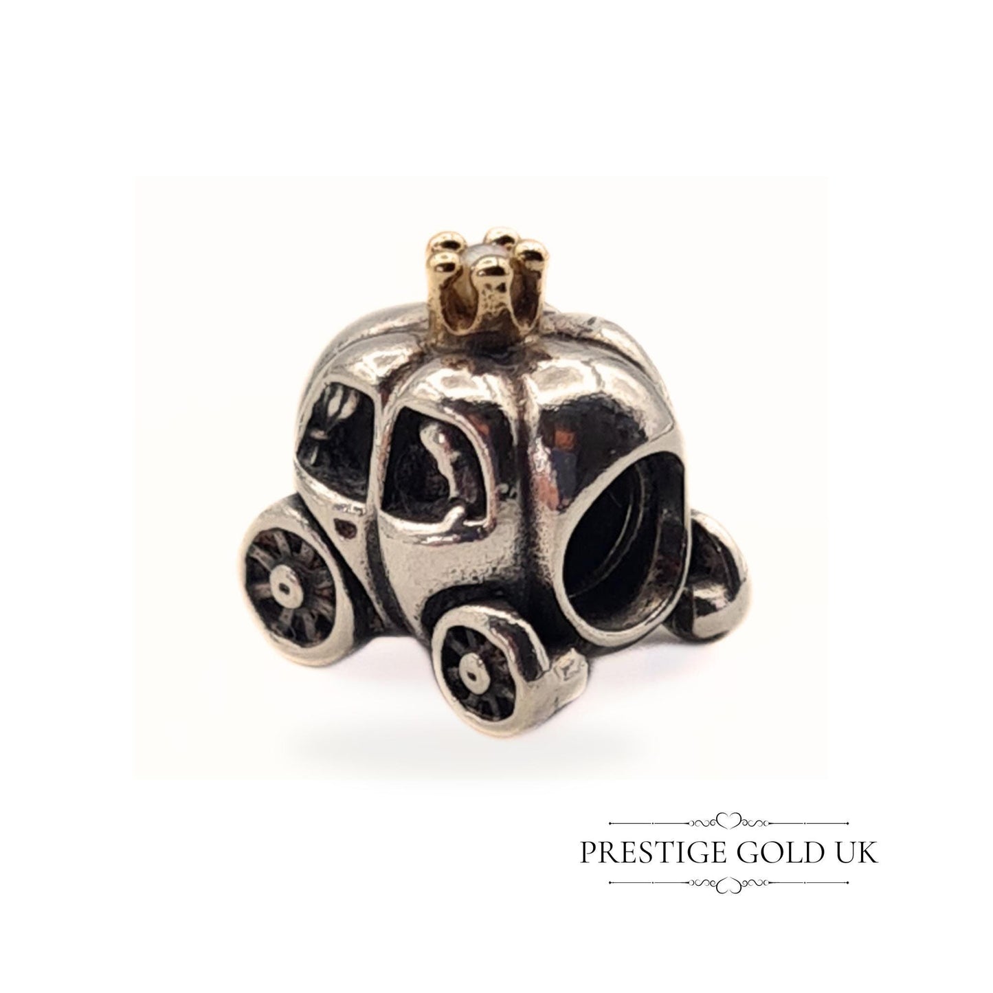 Authentic Retired Pandora Royal Carriage Sterling Silver Charm With 14K Gold & White Pearl - 790598P