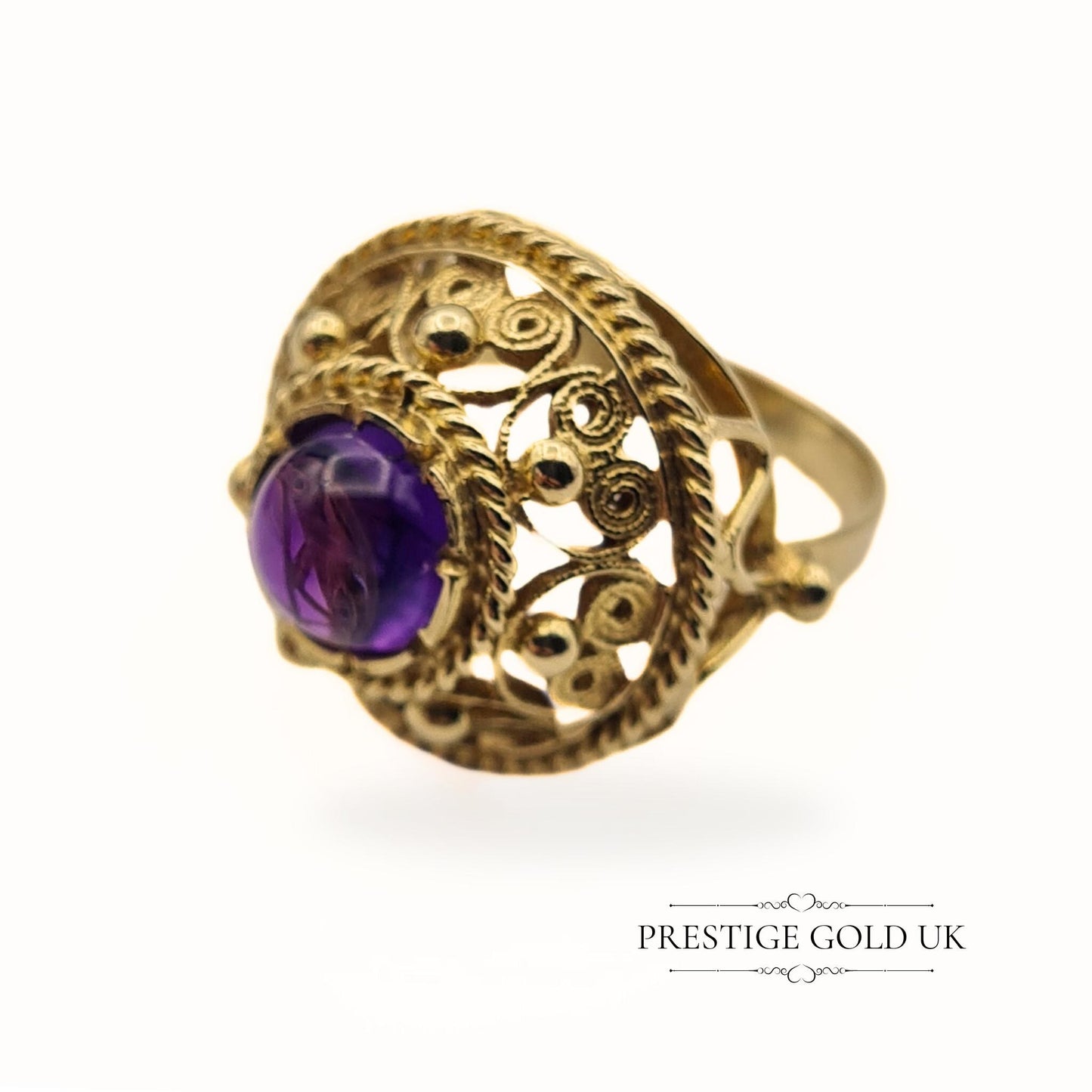 Large Ornate 14ct Gold & Amethyst Ring - Size UK L 1/2, US 6, Euro 51.5