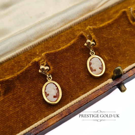 Vintage Tiny Cameo Drop Earrings in 9ct Gold